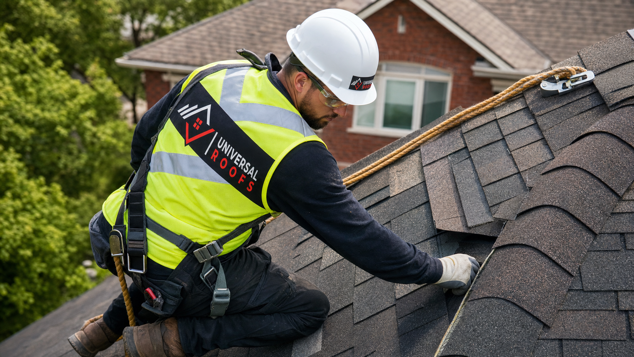Roofer wearing full safety harness and PPE patching hail-damaged shingles on a steep residential roof in Toronto