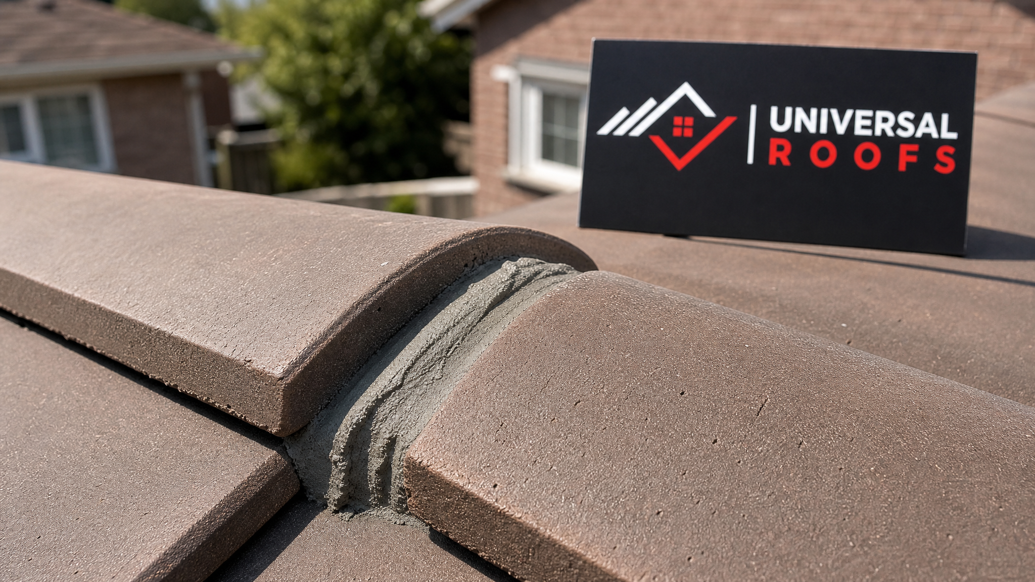 Close-up detail of a newly mortared ridge cap tile seam on a clay tile roof, showing clean bedding and alignment