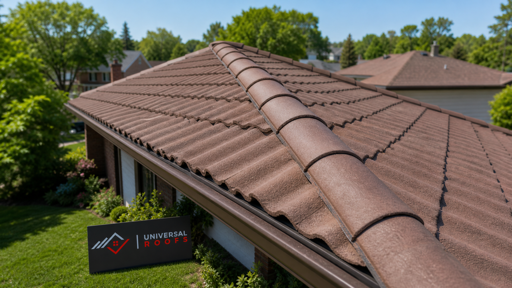 Freshly repaired tile roof ridge caps in neat, unbroken alignment along the peak of a GTA home under clear summer sky