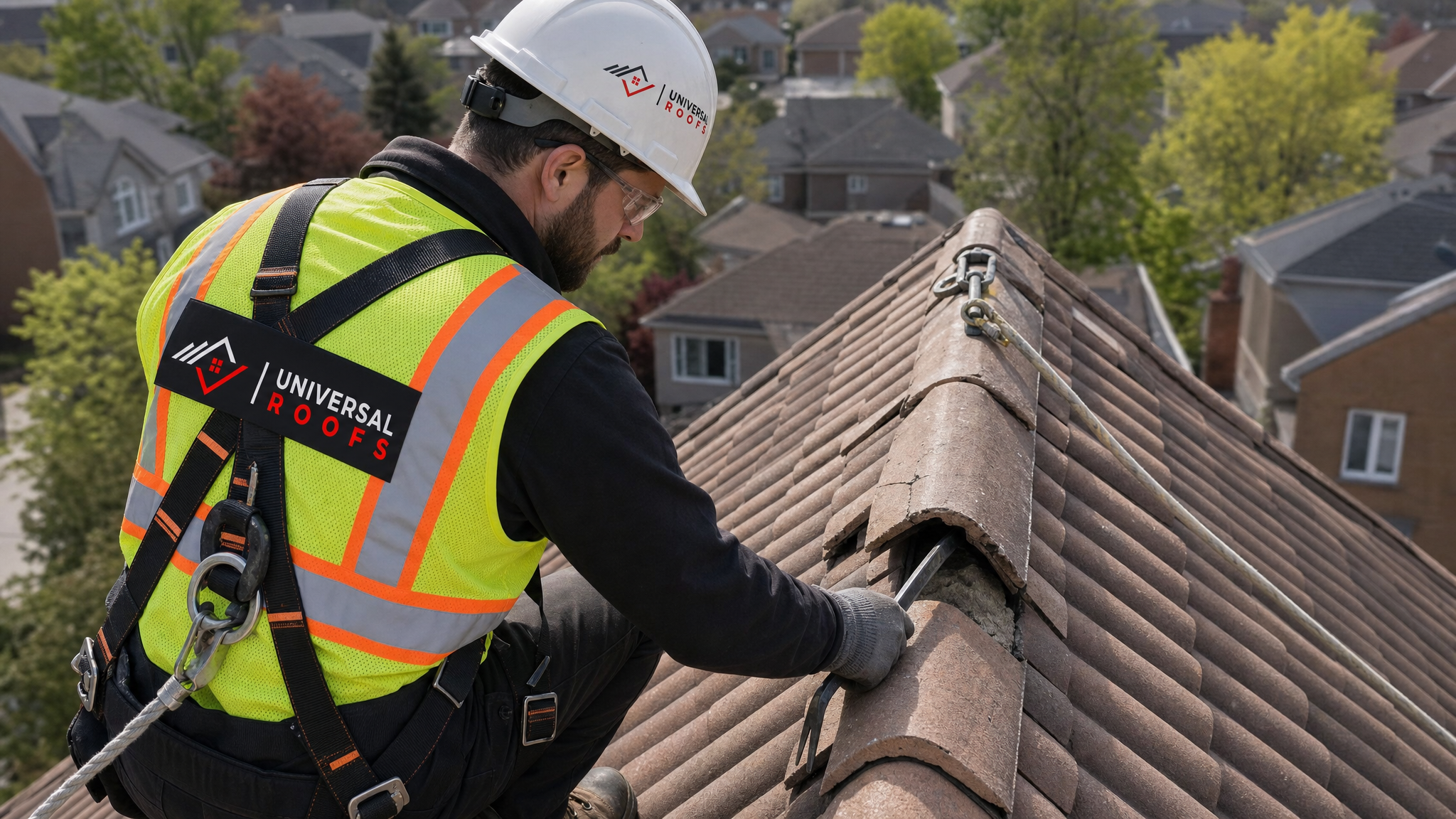 Roofer wearing full safety harness and PPE carefully removing a cracked ridge cap tile from a residential tile roof peak