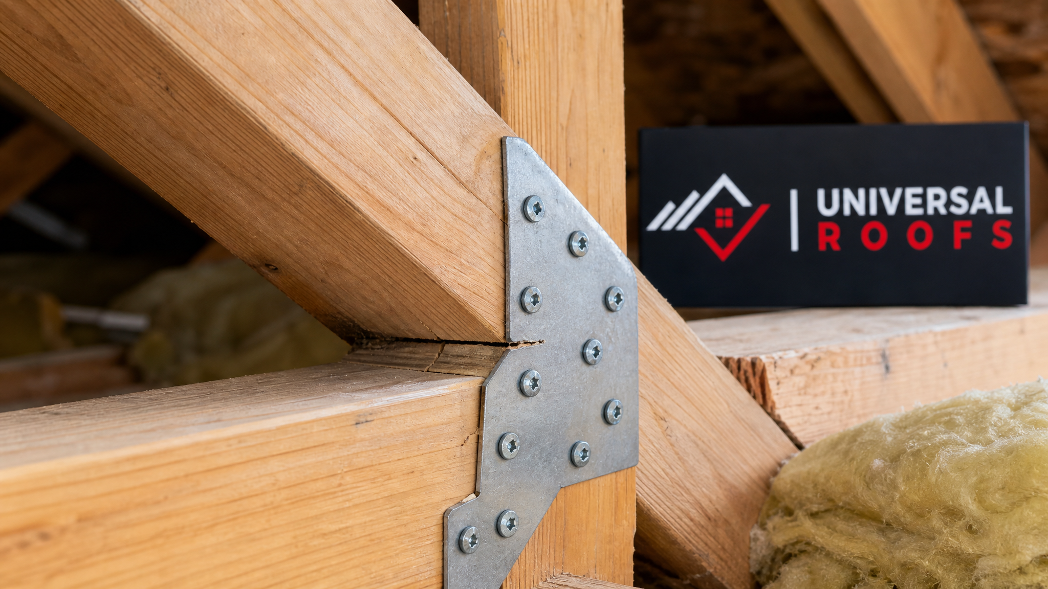 Close-up of a metal gusset plate and structural screws reinforcing a split wood roof truss joint, with a Universal Roofs sign placard nearby