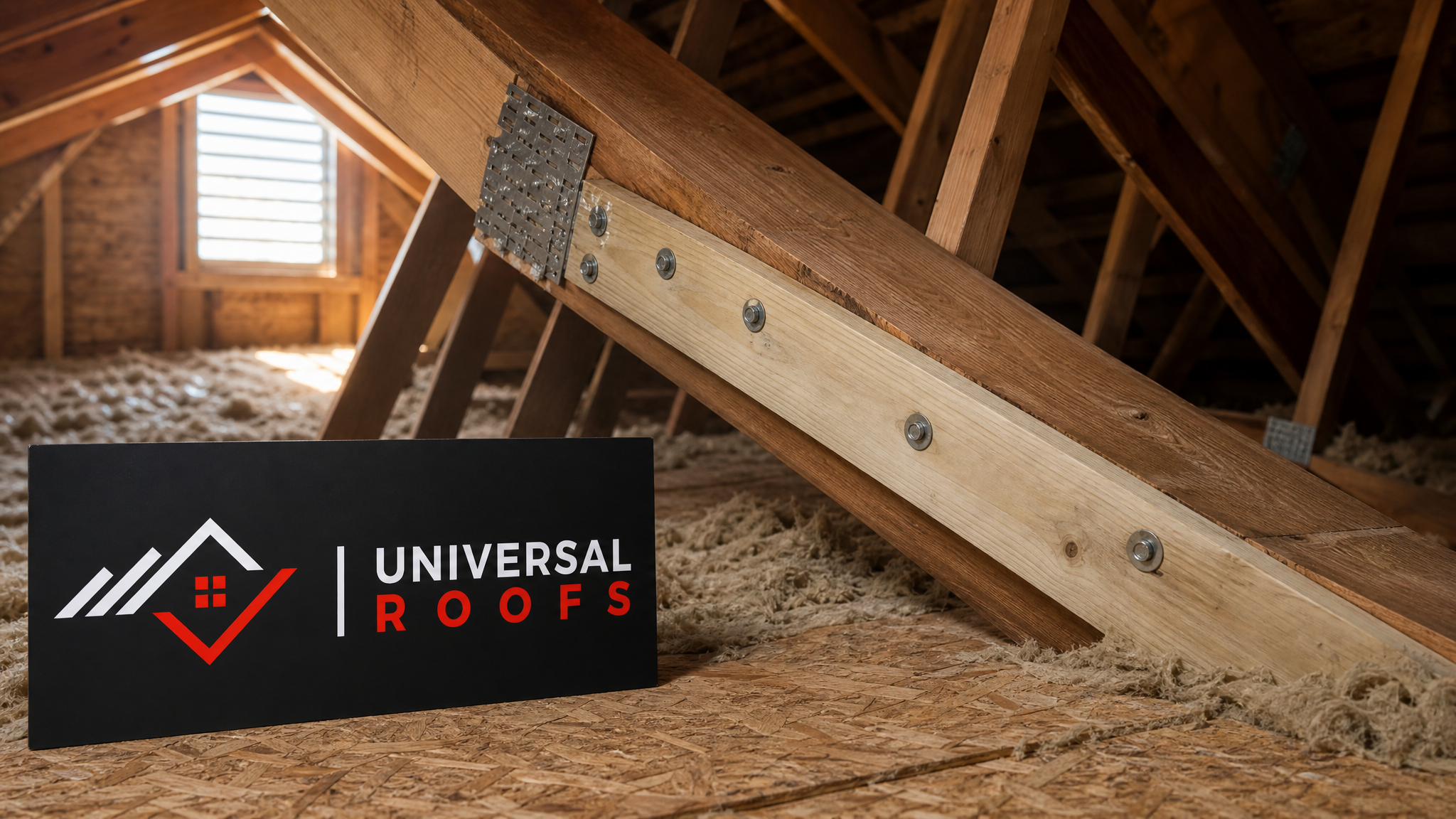 A newly reinforced wood roof truss in a Toronto attic with sistered lumber and metal gusset plates, sunlight streaming through a vent