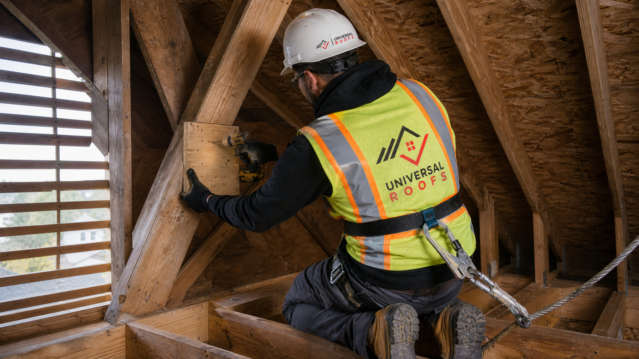 Roofing technician in full safety harness sistering a plywood gusset onto a split roof truss inside a Toronto attic