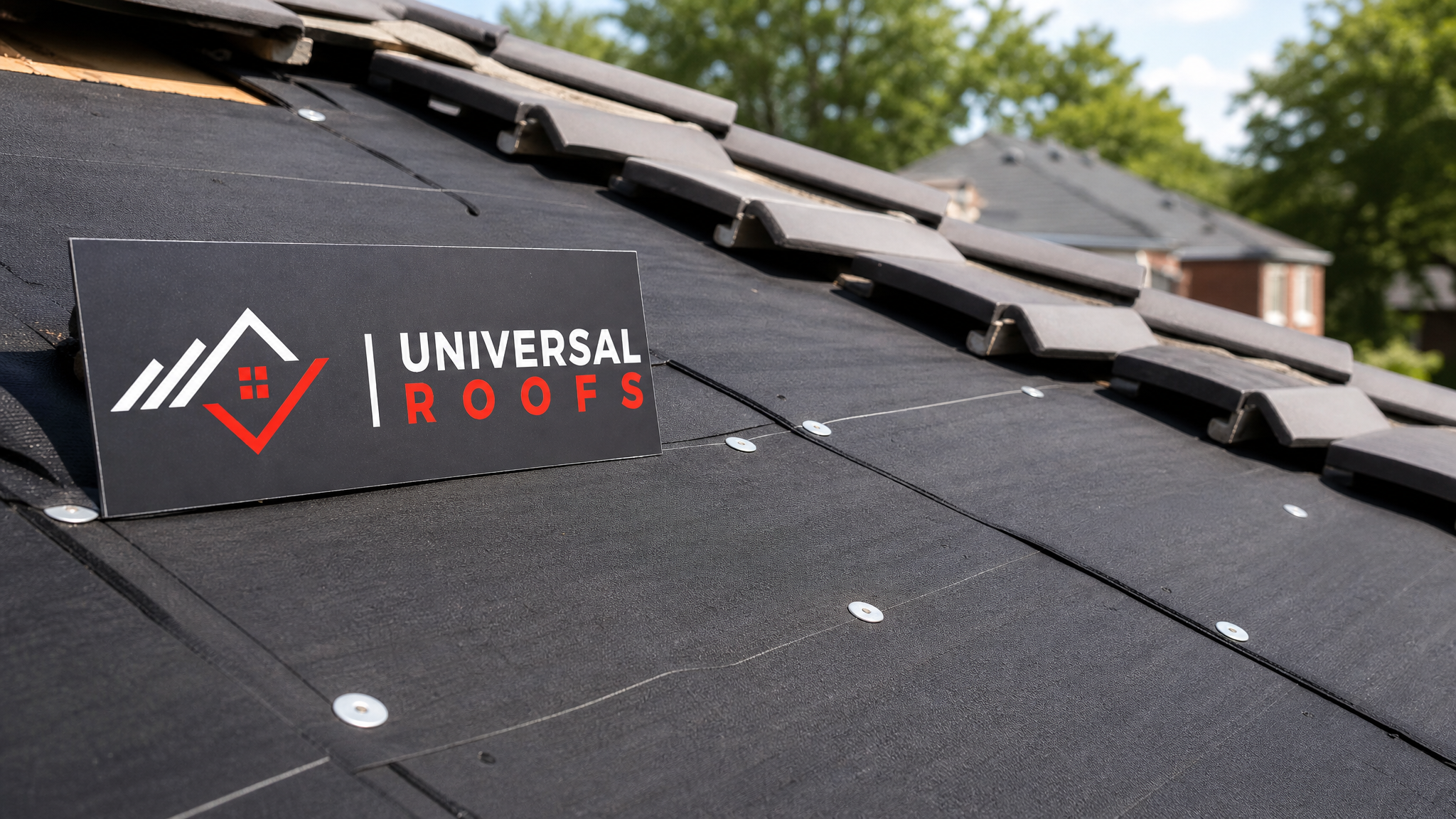 Close-up of new synthetic underlayment membrane laid beneath lifted roof tiles showing overlap seams and fastening pattern