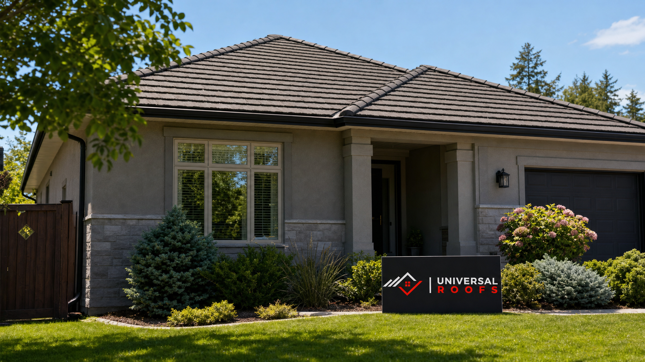 Freshly restored tile roof in Toronto with clean rows of tiles and a Universal Roofs sign placard resting on the lawn in summer daylight