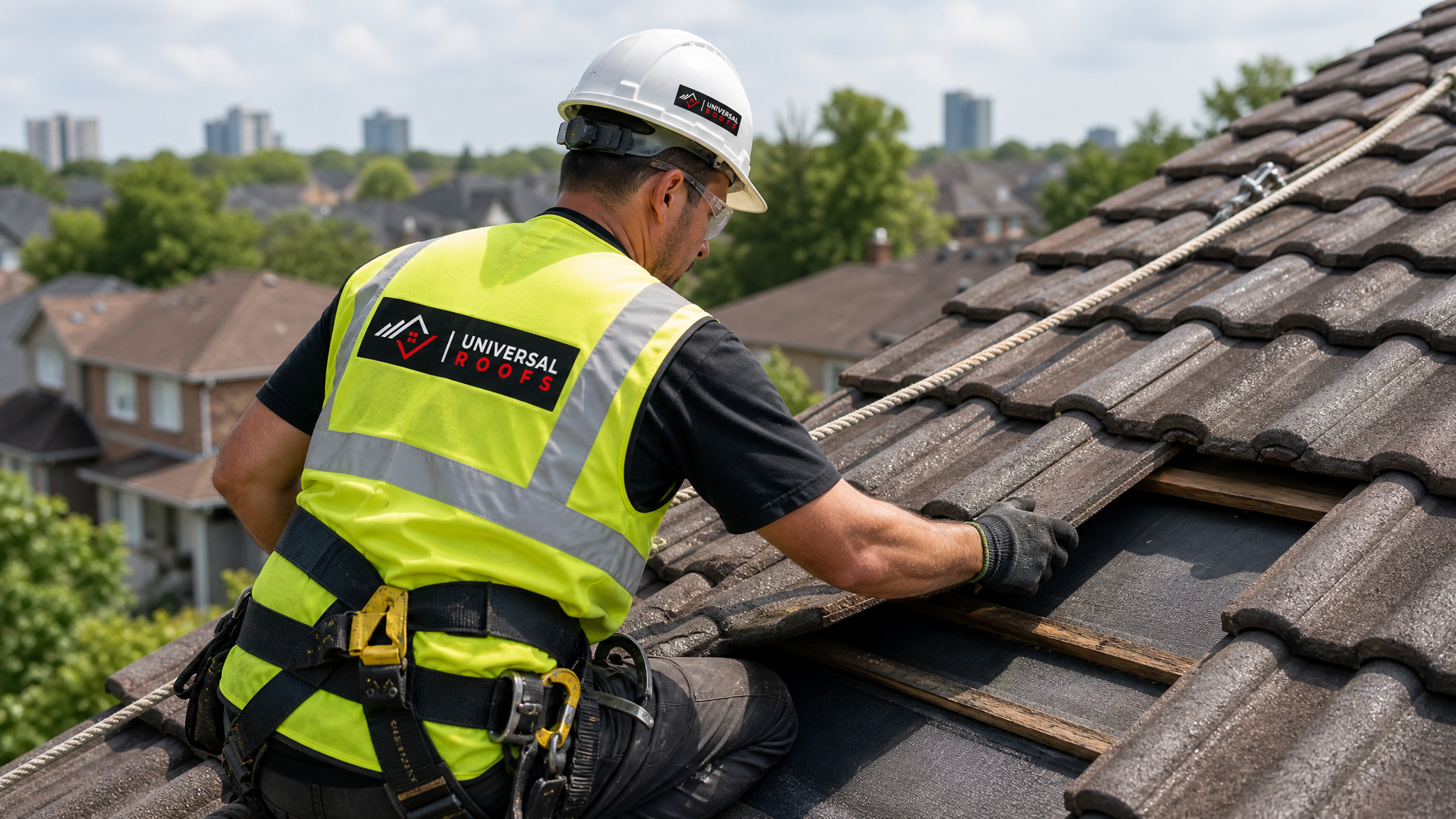 Roofing technician wearing full safety harness lifting a section of tile to expose and replace damaged underlayment on a Toronto home
