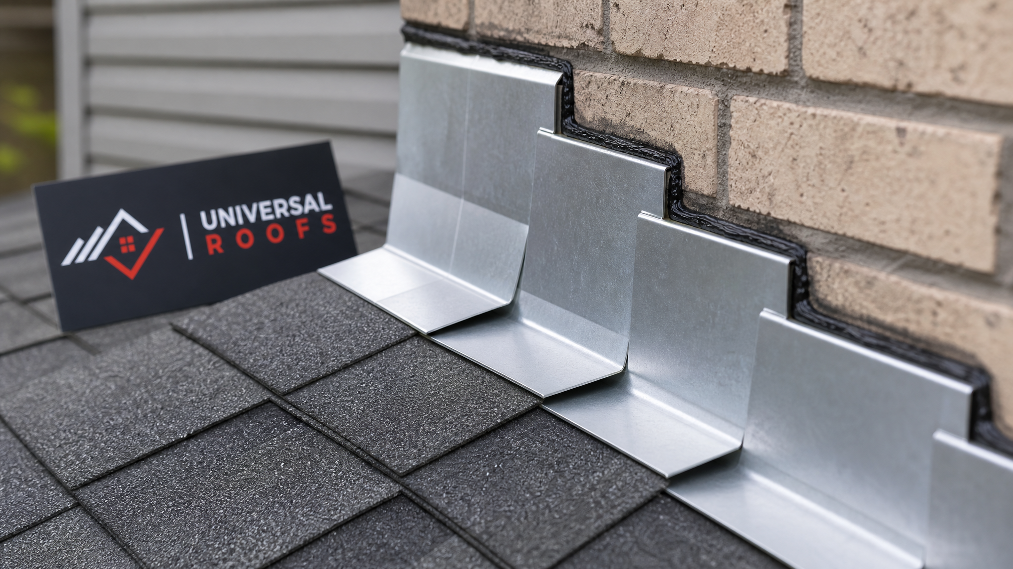Close-up of new step flashing pieces overlapping along a roof-to-wall junction with fresh sealant bead