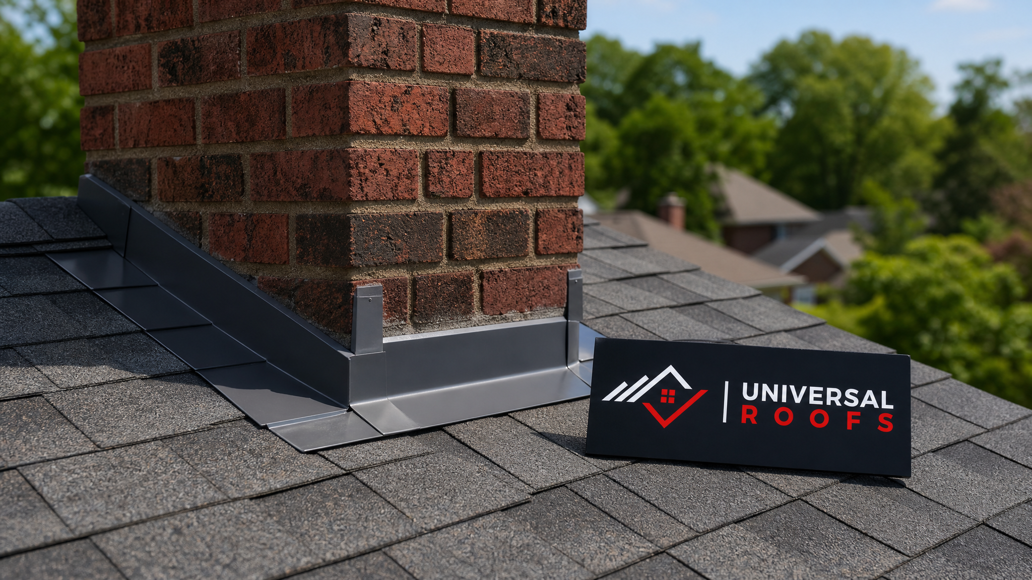 Newly repaired metal roof flashing around a brick chimney on a Toronto home under clear summer sky