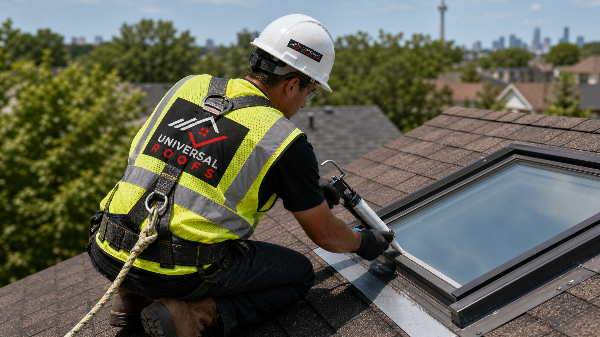 Roofer wearing full safety harness inspecting and resealing flashing around a rooftop skylight in summer
