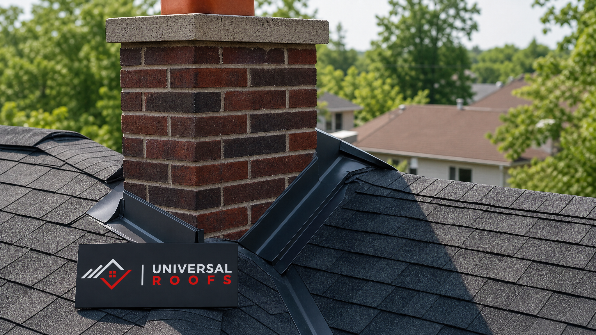 A well-maintained Toronto home roofline showing properly installed metal flashing around a chimney and roof valley in summer daylight