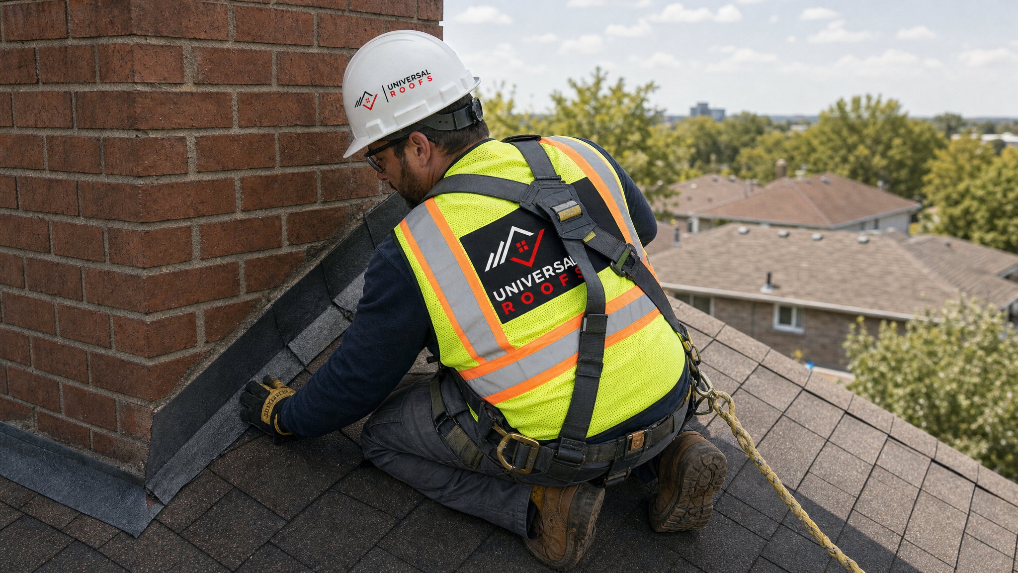 A roofer wearing full safety harness and PPE inspecting metal step flashing along a chimney on a Toronto area roof in daylight