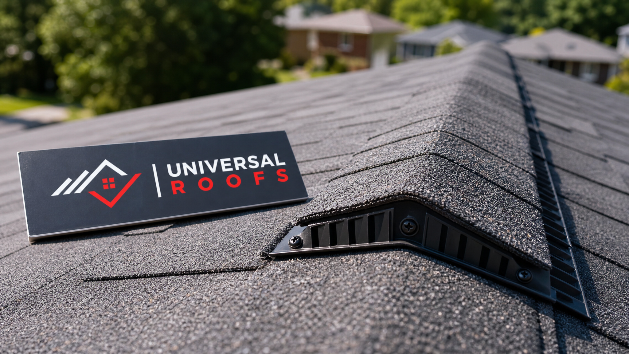 Close-up detail of a continuous ridge vent installed along a roof peak showing the vent material and shingle cap installation