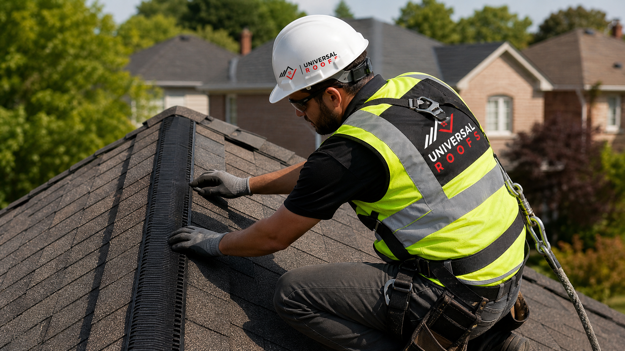 A roofer wearing full safety gear including harness and safety rope installs a ridge vent along the peak of a sloped roof on a sunny day