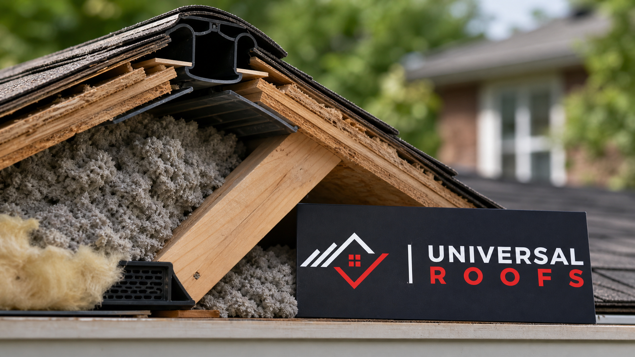 Close-up of a ridge vent and baffle detail showing insulation depth and airflow channel construction on a GTA roof