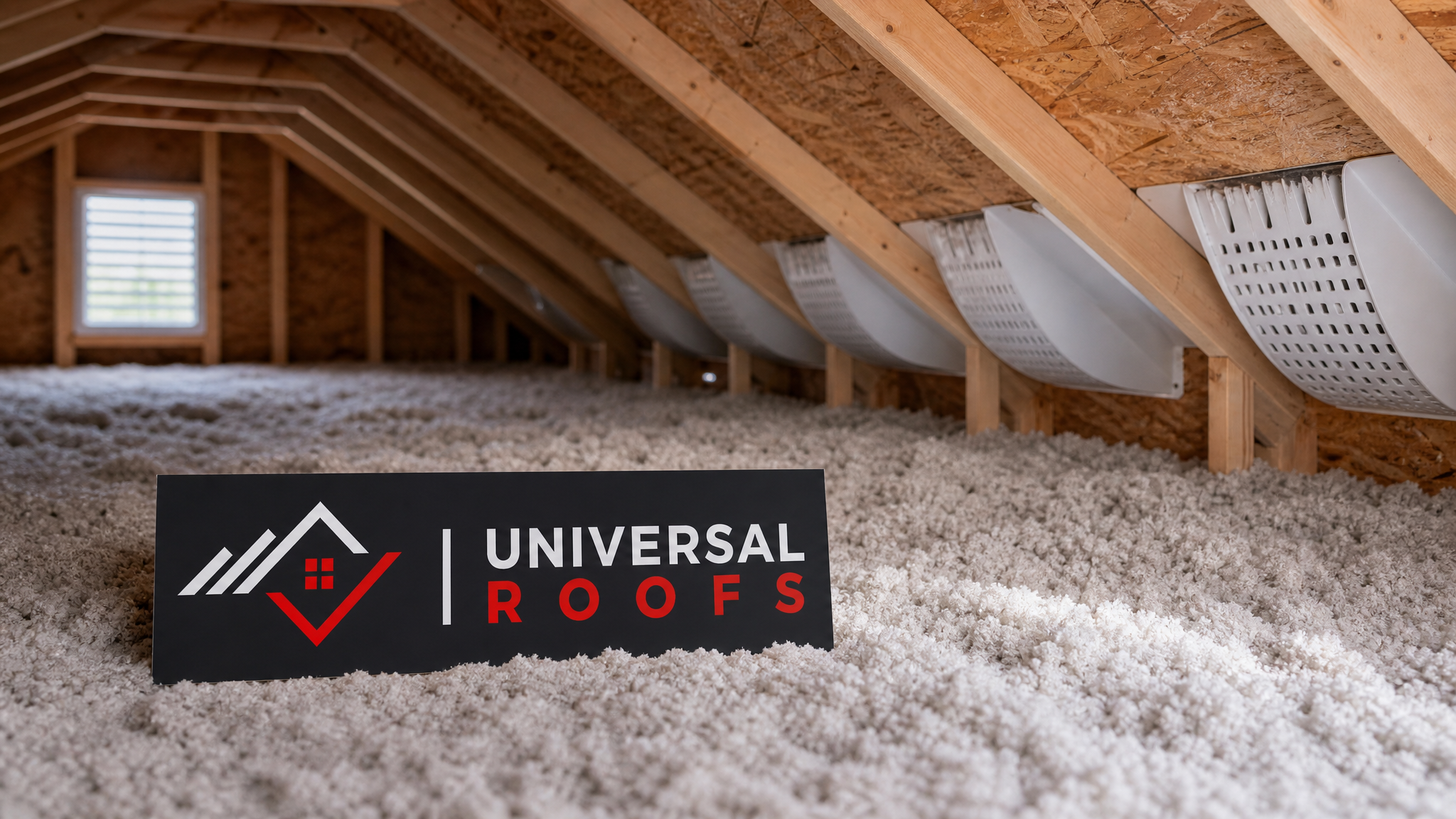Well-insulated and ventilated attic space with soffit and ridge vents visible under a finished GTA home roofline in summer daylight