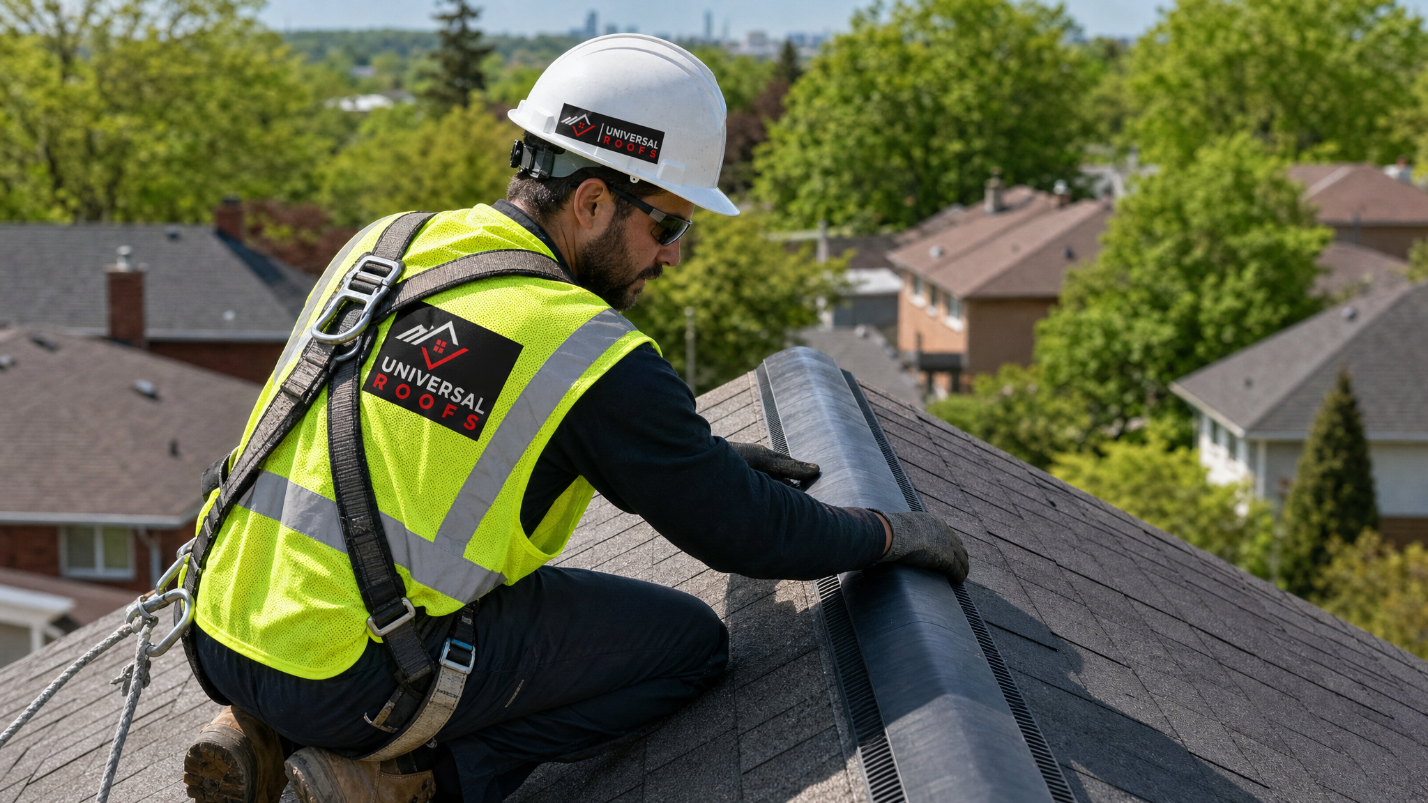 Roofer wearing full safety harness and PPE installing a ridge vent along a roof peak on a Toronto area home in daylight