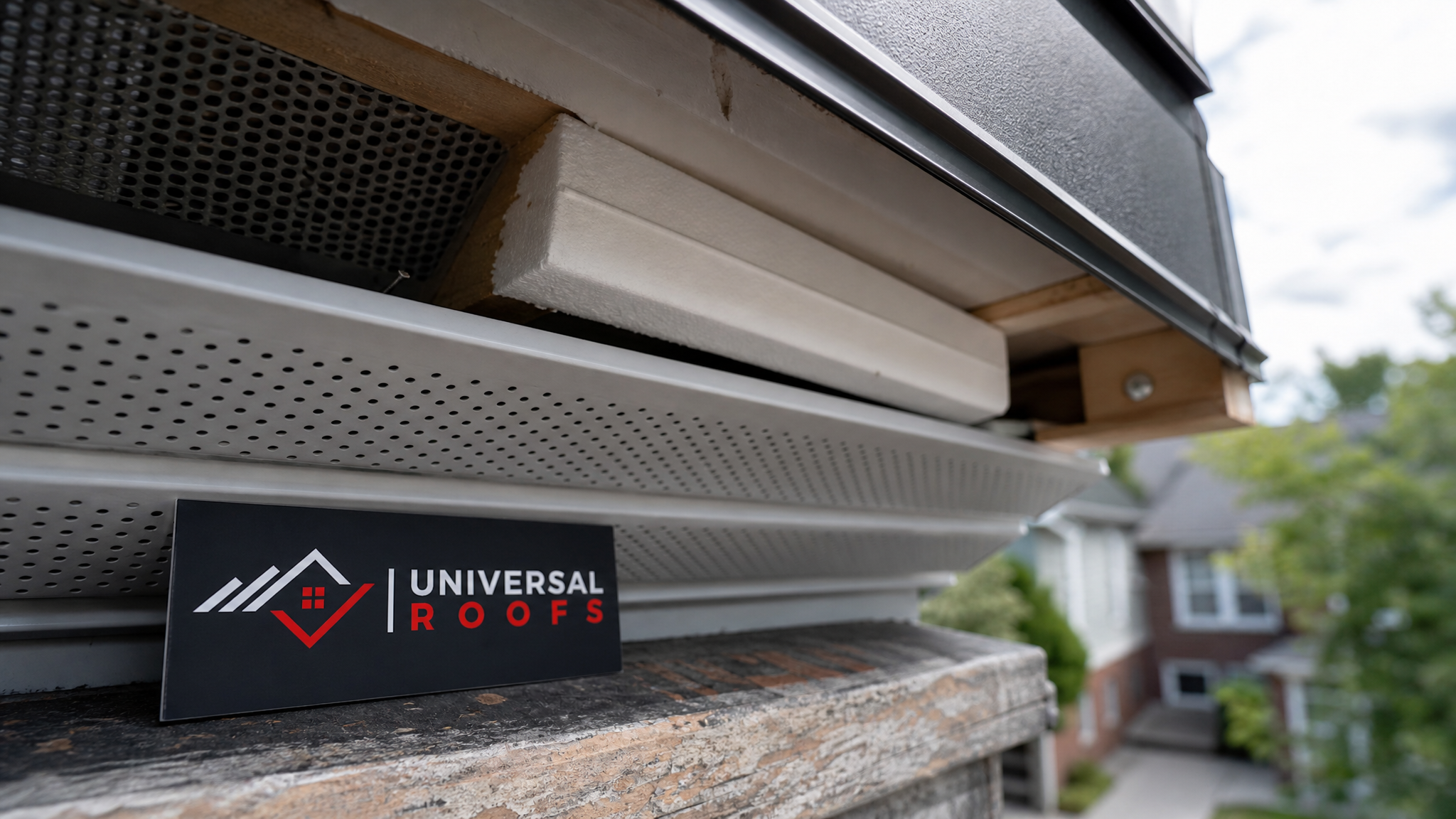 Close-up of a continuous perforated soffit vent panel and insulation baffle installed at the eave of an older roof