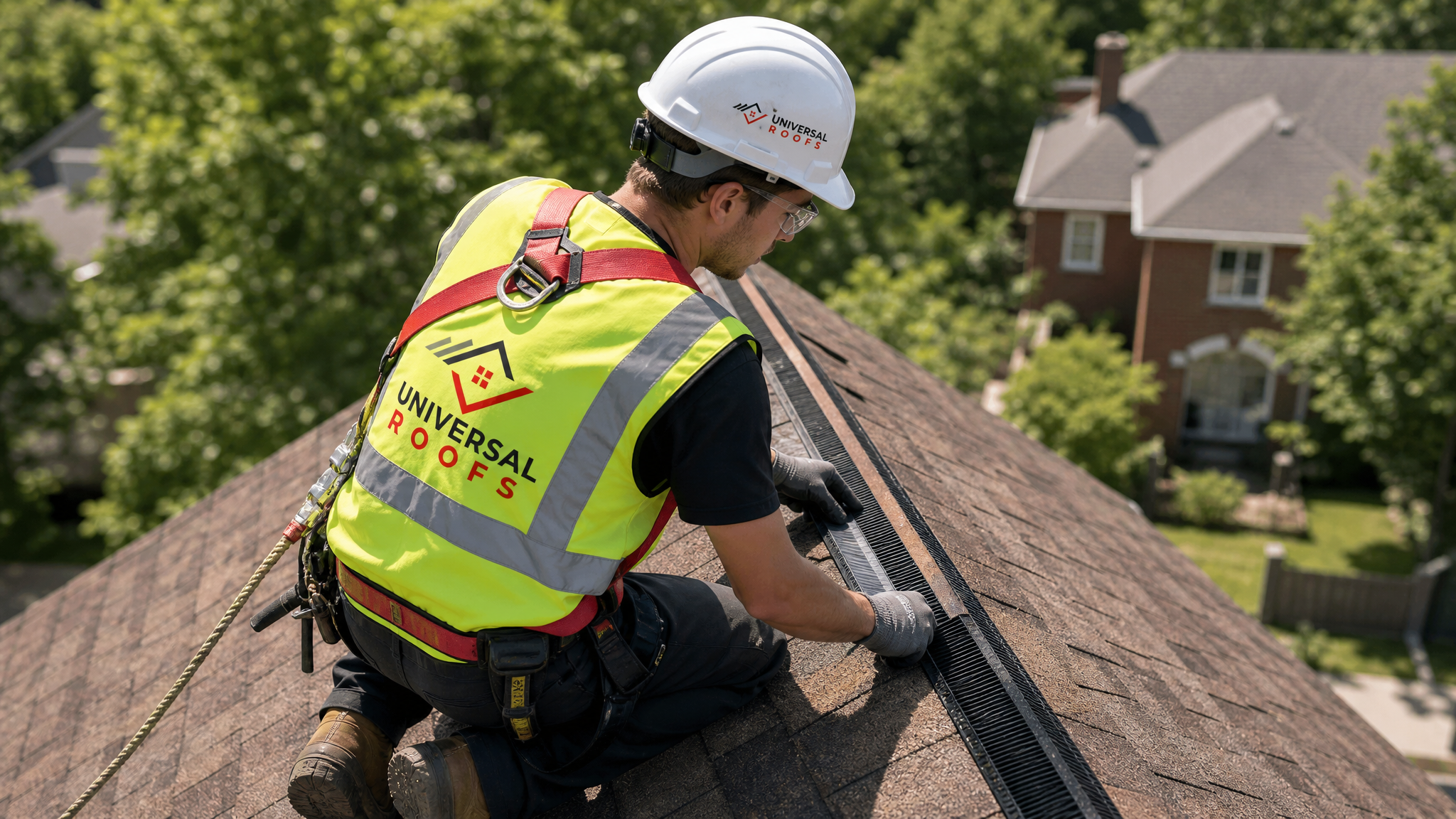 Roofer wearing full safety harness and PPE installing a ridge vent along the peak of an older home roof