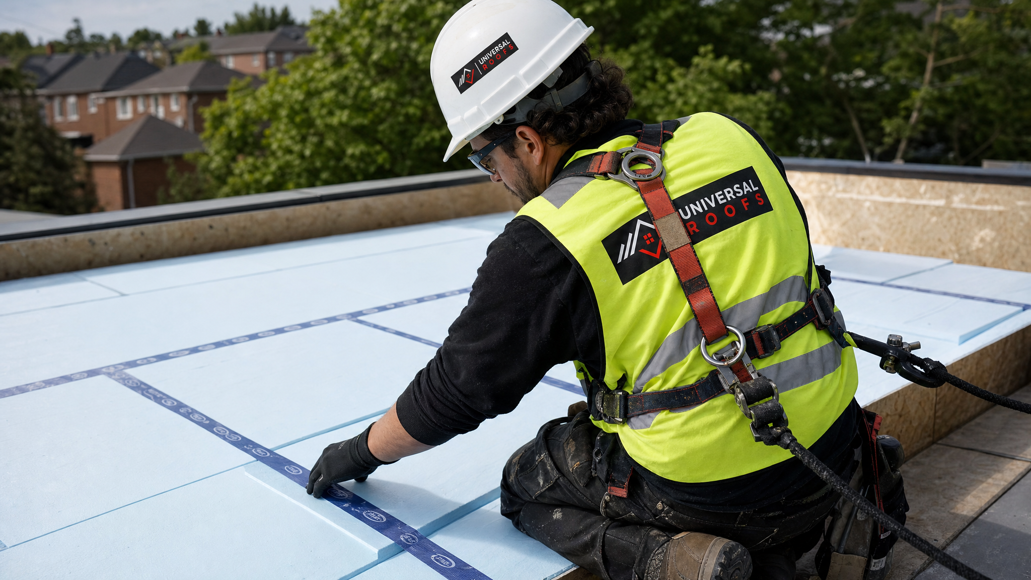 Roofing technician in full safety harness installing rigid foam insulation board on a low-slope roof deck in daylight