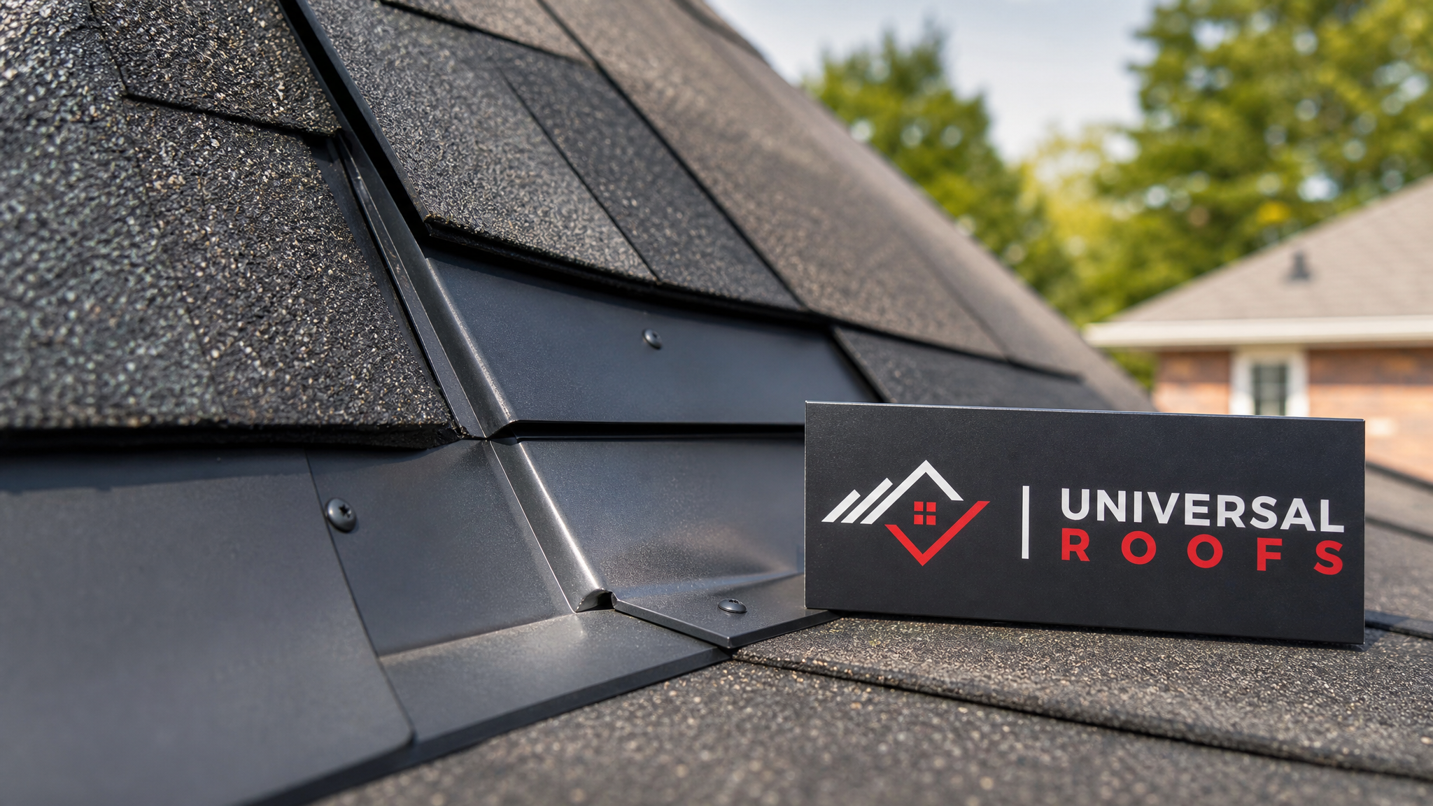 Close-up of new roof flashing and shingle overlap detail with a Universal Roofs branded sign placard nearby, daylight, shallow depth of field