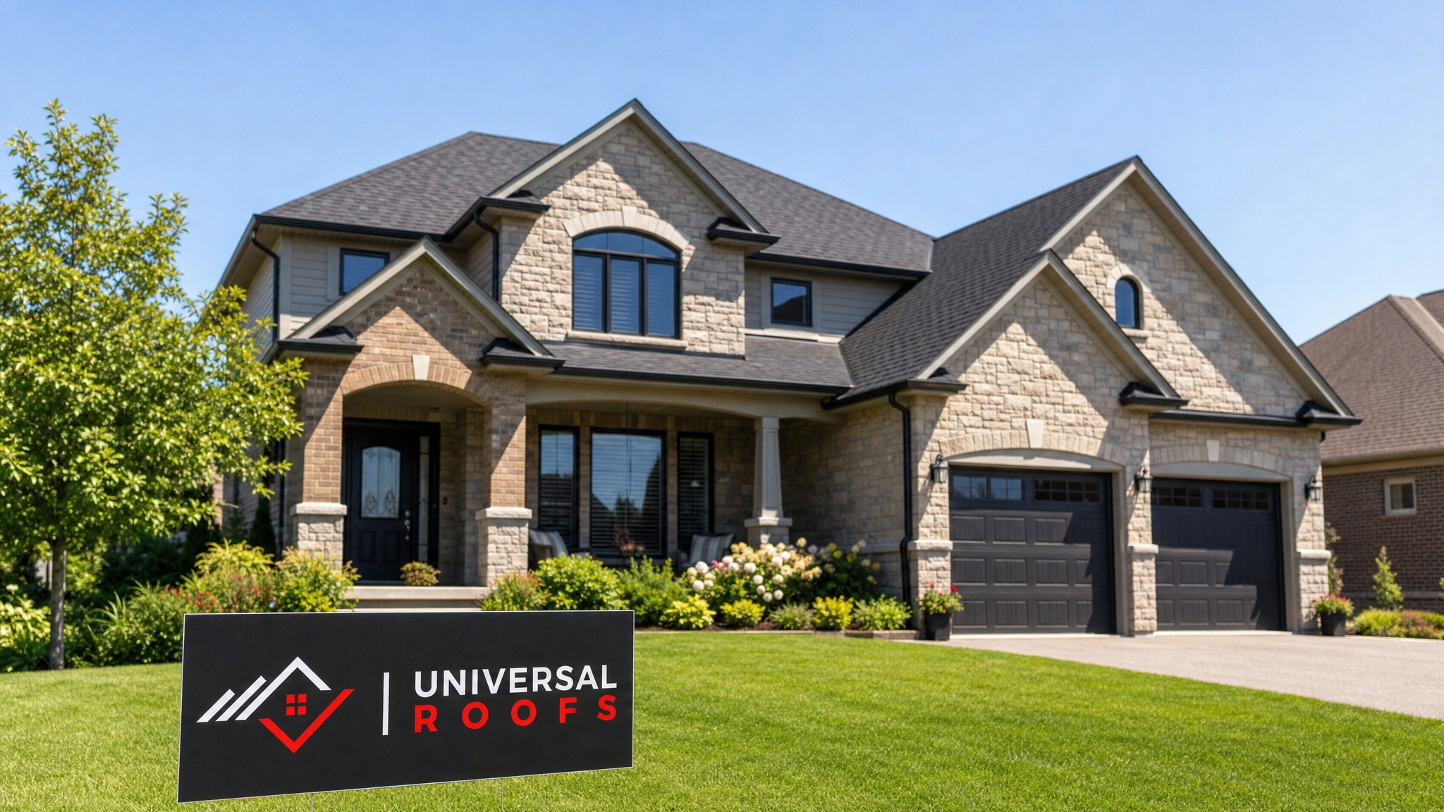 Repaired asphalt shingle roof on a Toronto-area home under clear summer sky with a Universal Roofs branded sign placard resting on the lawn