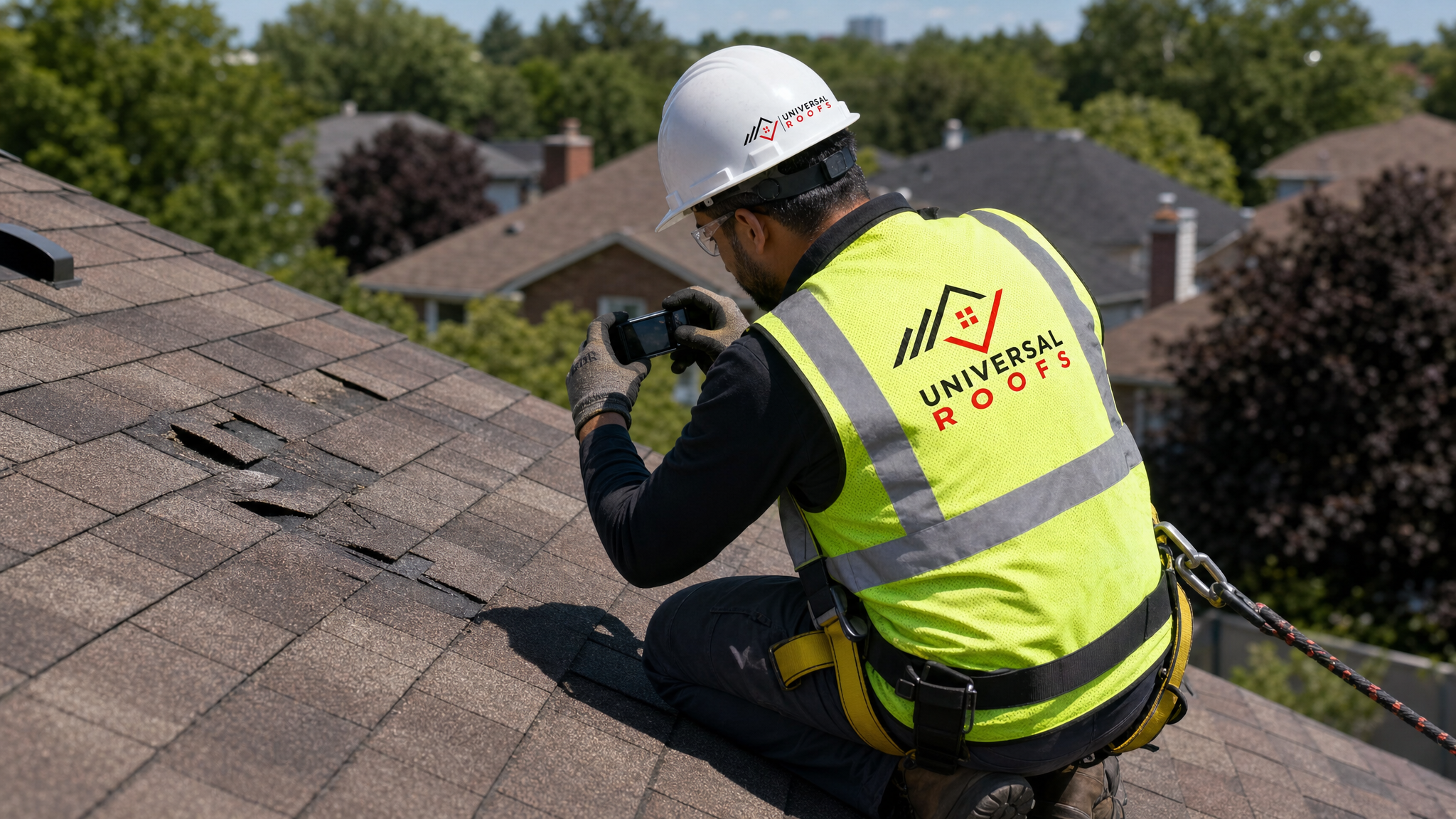Roofer wearing hard hat, hi-vis vest, harness and safety rope inspecting storm-damaged shingles on a sloped GTA roof in daylight