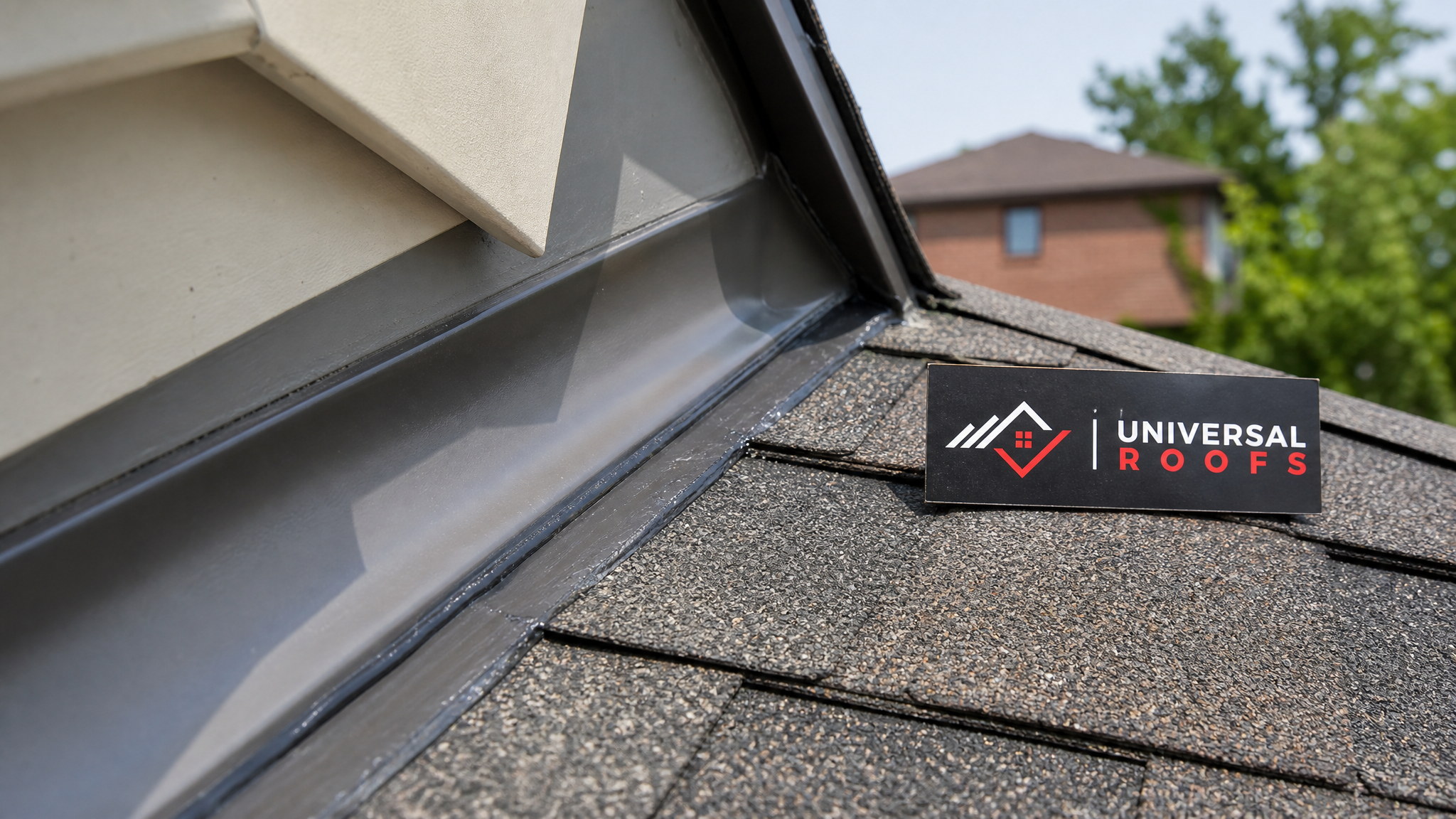 Close-up of a roof eave showing properly sealed flashing and a new section of shingles next to a small branded sign placard, demonstrating quality ice-dam repair work