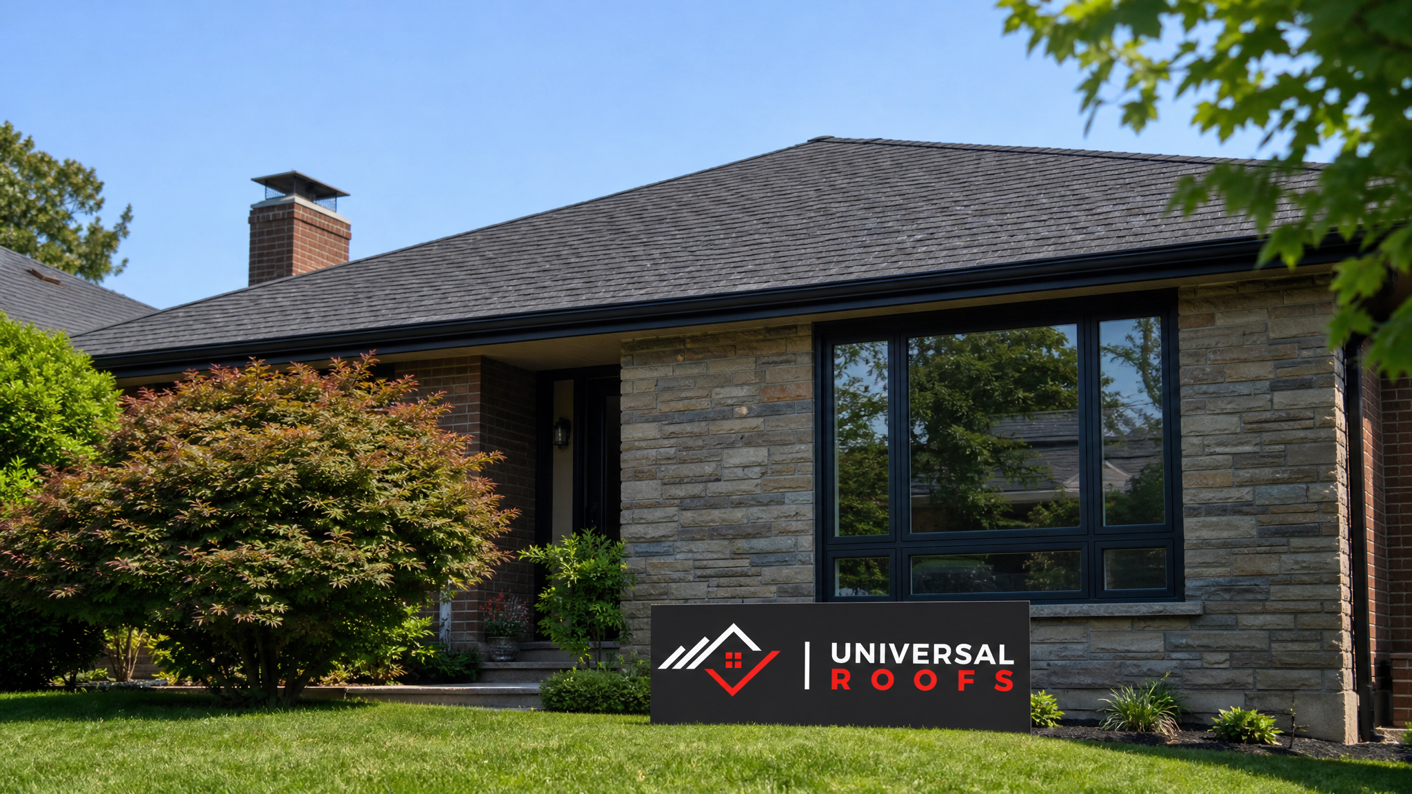 A well-maintained residential roof in a Toronto suburb on a clear summer day, showing clean shingles, intact flashing, and a small branded sign placard resting on the lawn nearby