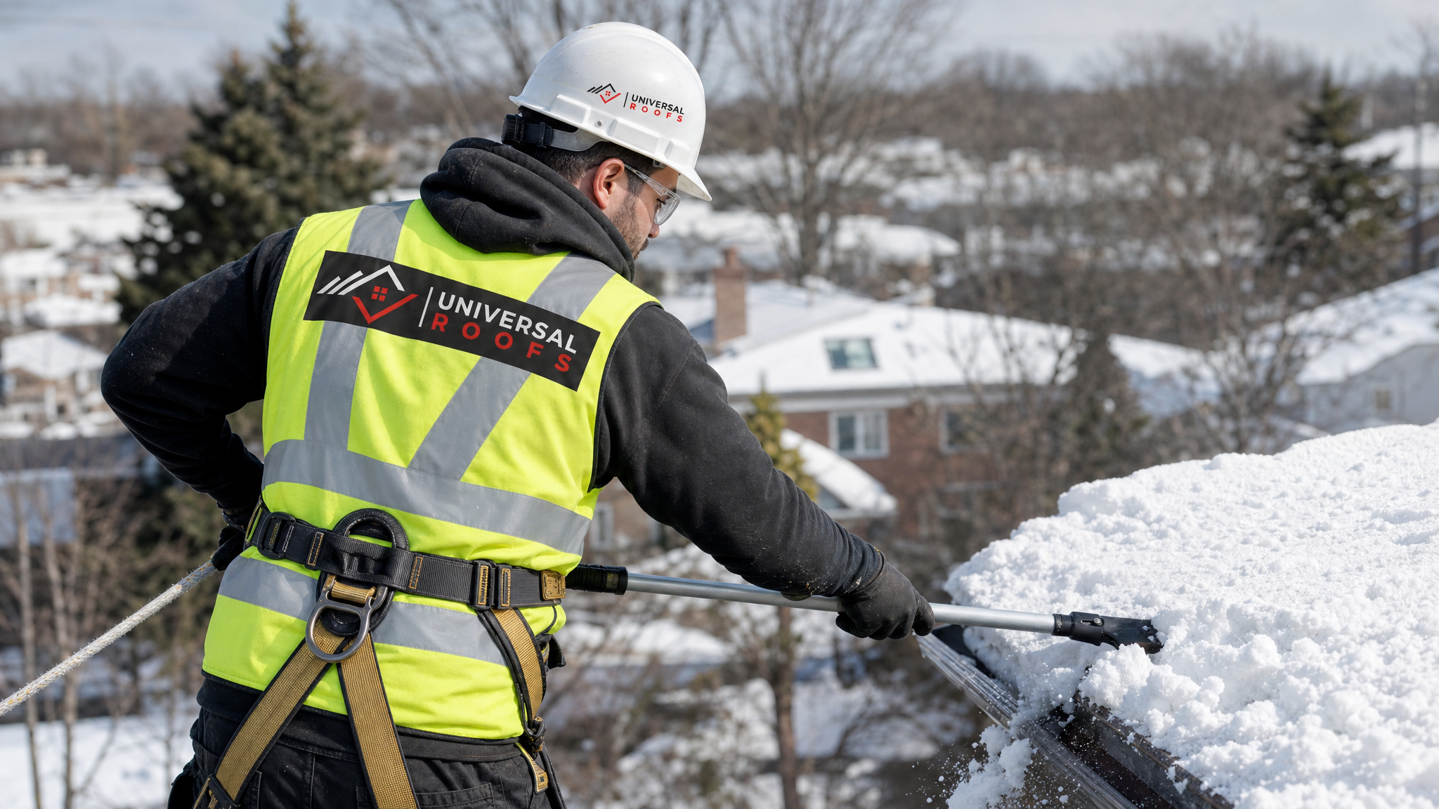 A roofer wearing a hard hat, high-visibility vest, safety glasses, gloves, and a fall-protection harness with rope, carefully clearing snow from a residential roof edge in a Toronto neighbourhood
