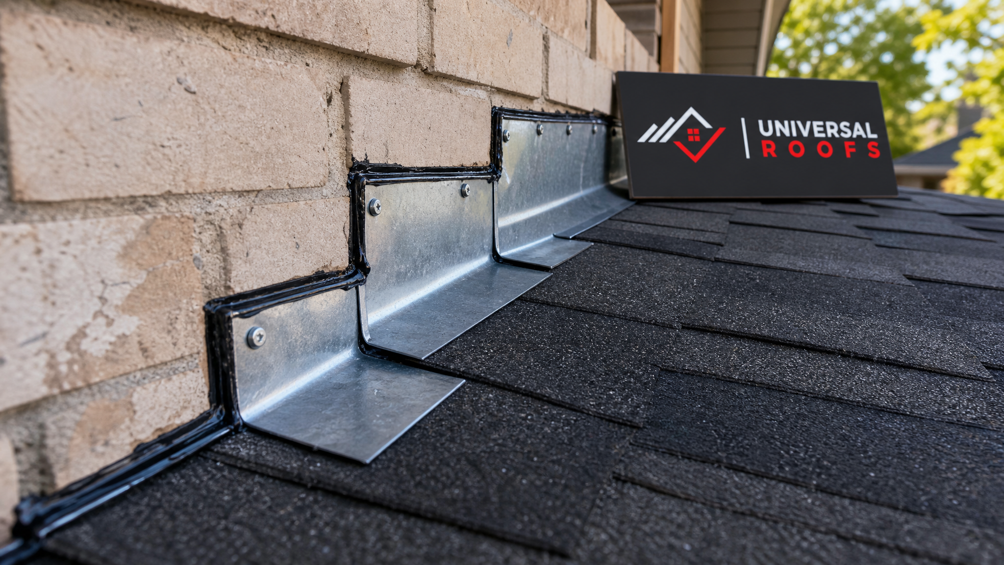 Close-up of overlapping asphalt shingles and metal step flashing detail on a repaired roof section, showing clean sealant lines and secure fastening