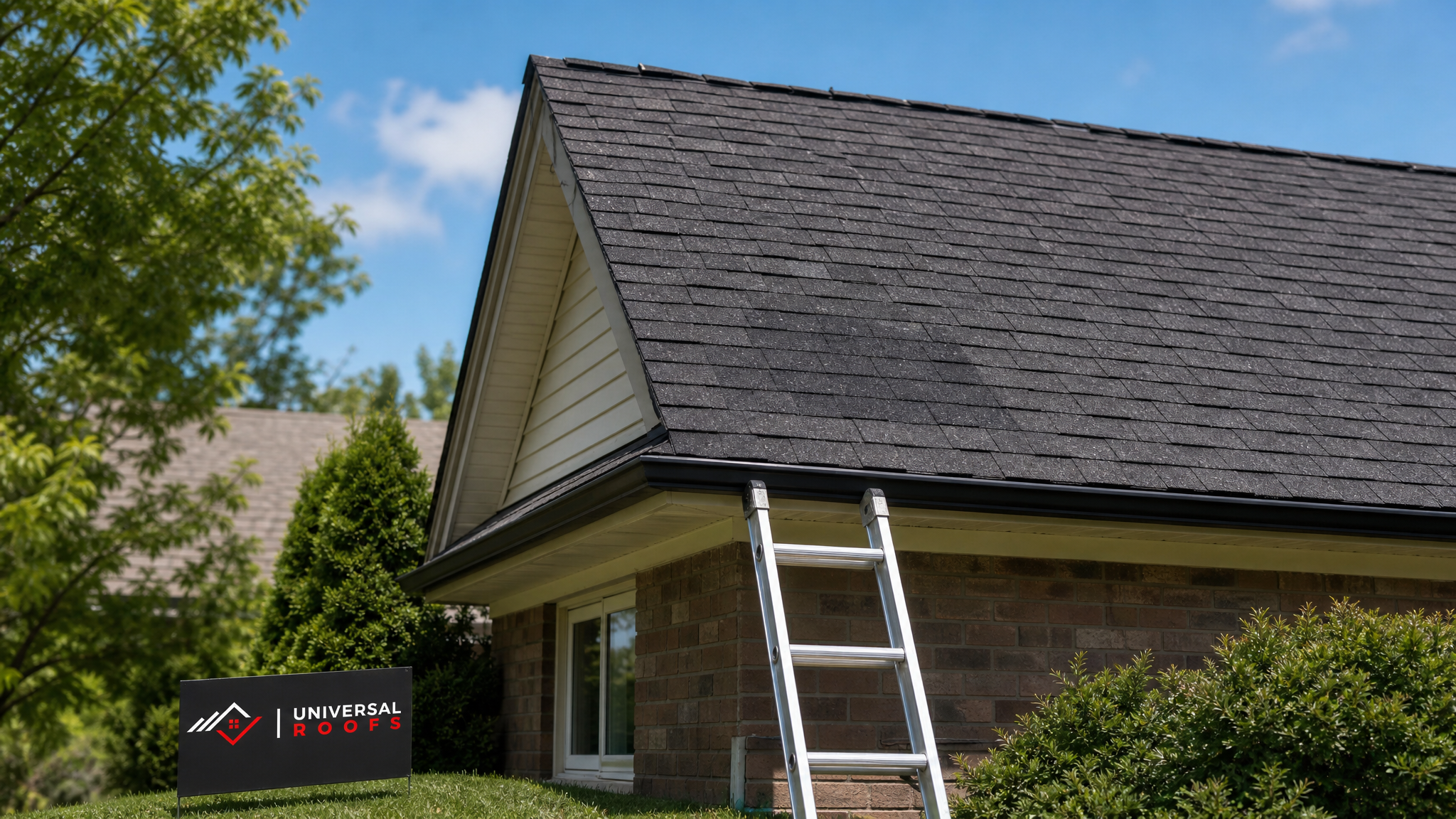 Newly patched asphalt shingle roof on a Toronto home under clear summer sky, showing seamless repair blending with surrounding shingles