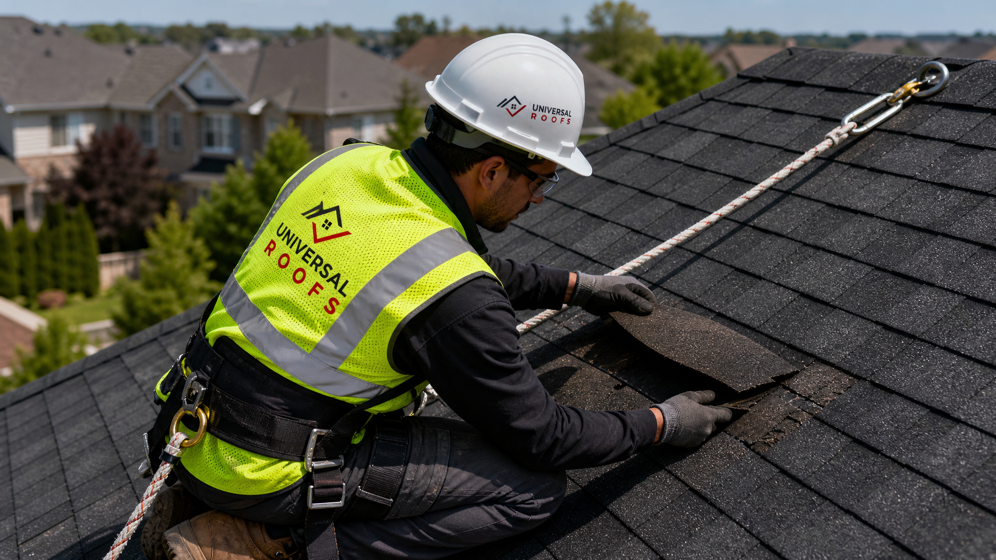 Roofing technician wearing hard hat, high-visibility vest, and fall-protection harness inspecting and patching a section of asphalt shingles on a residential Toronto roof in daylight