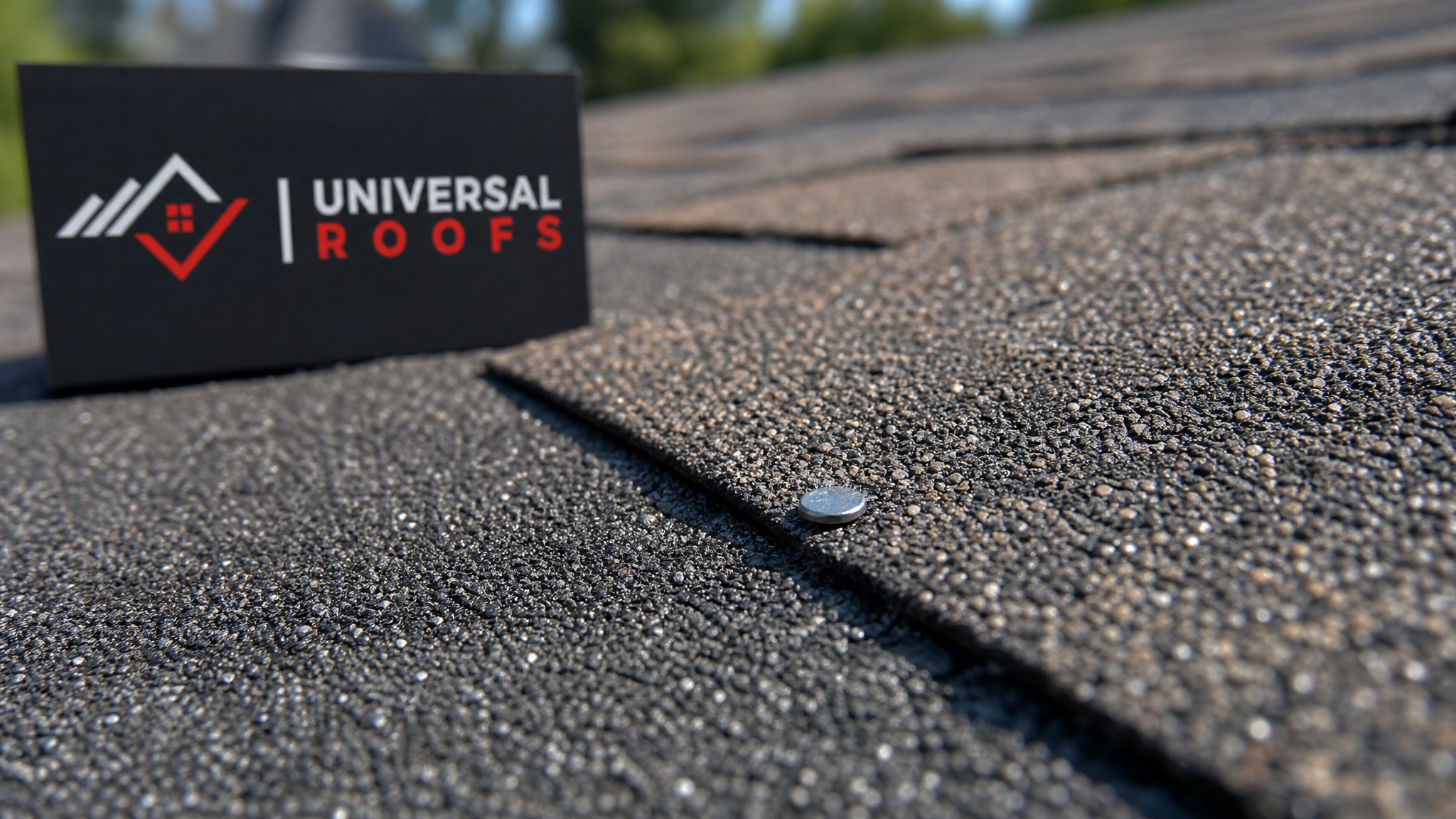 Close-up detail of asphalt shingle granules, tab edges, and nail placement showing proper installation technique