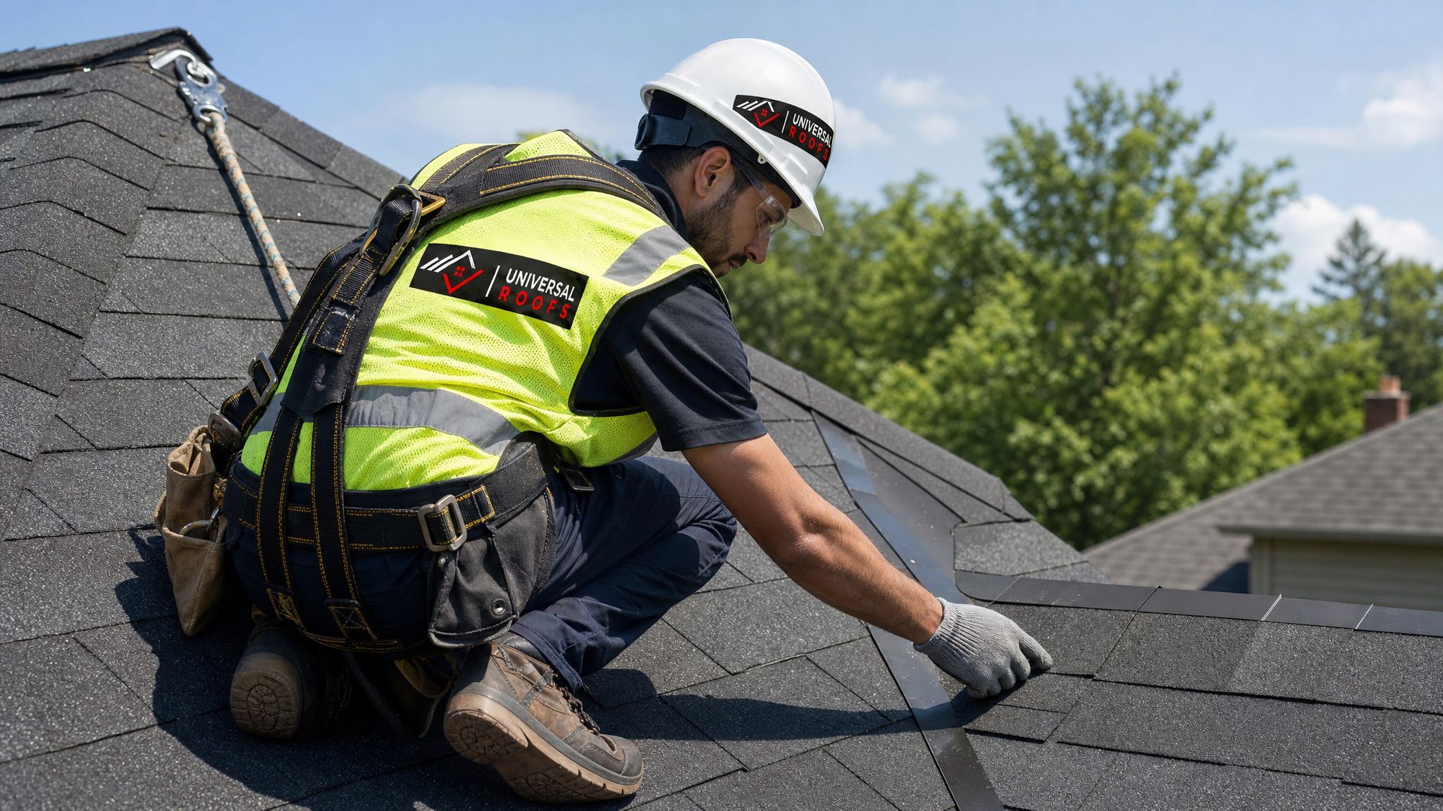A roofing technician wearing a hard hat, high-visibility vest, safety glasses, gloves, and a fall-protection harness inspecting asphalt shingles on a sloped roof in Toronto
