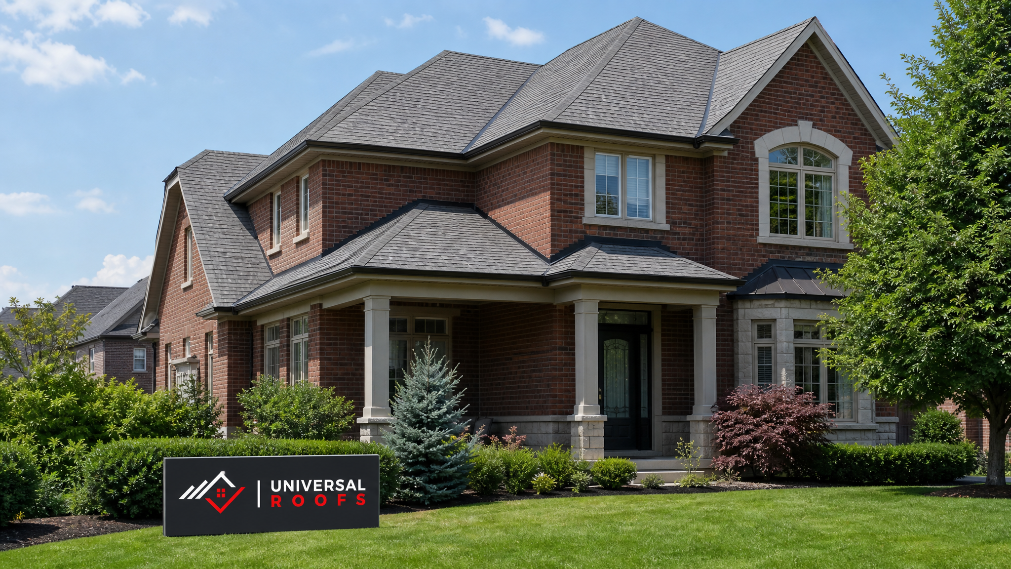 A well-maintained asphalt shingle roof on a Toronto home under clear summer daylight, showing straight shingle lines and clean gutters