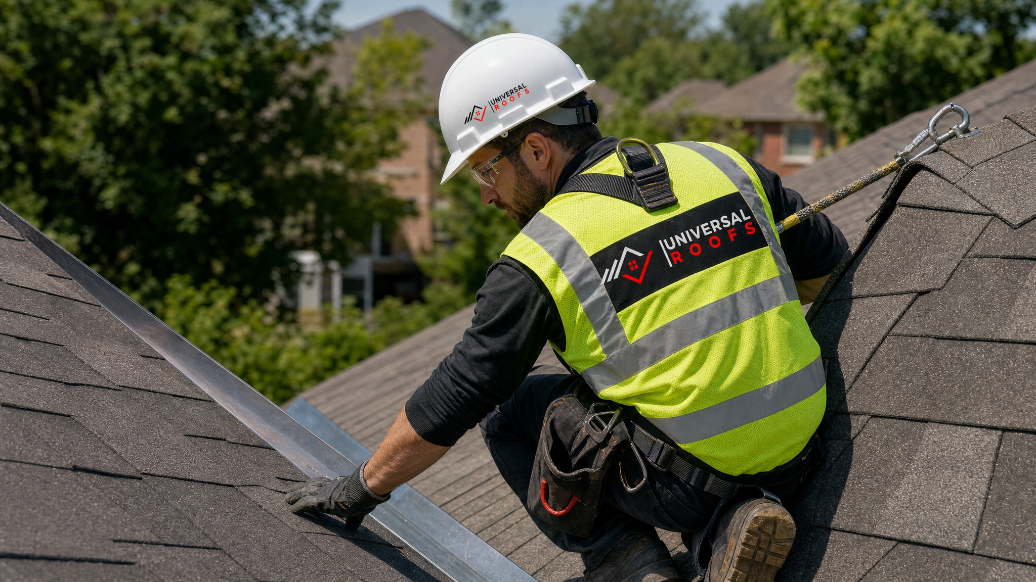 A roofing technician in full safety harness inspecting shingles and flashing on a sloped residential roof in daylight