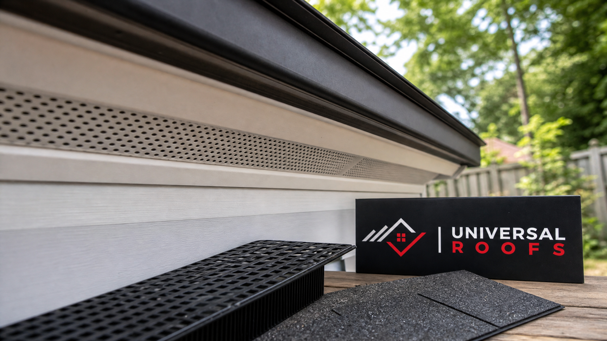 Close-up detail of a continuous soffit vent strip and matching ridge vent material used for balanced natural roof ventilation