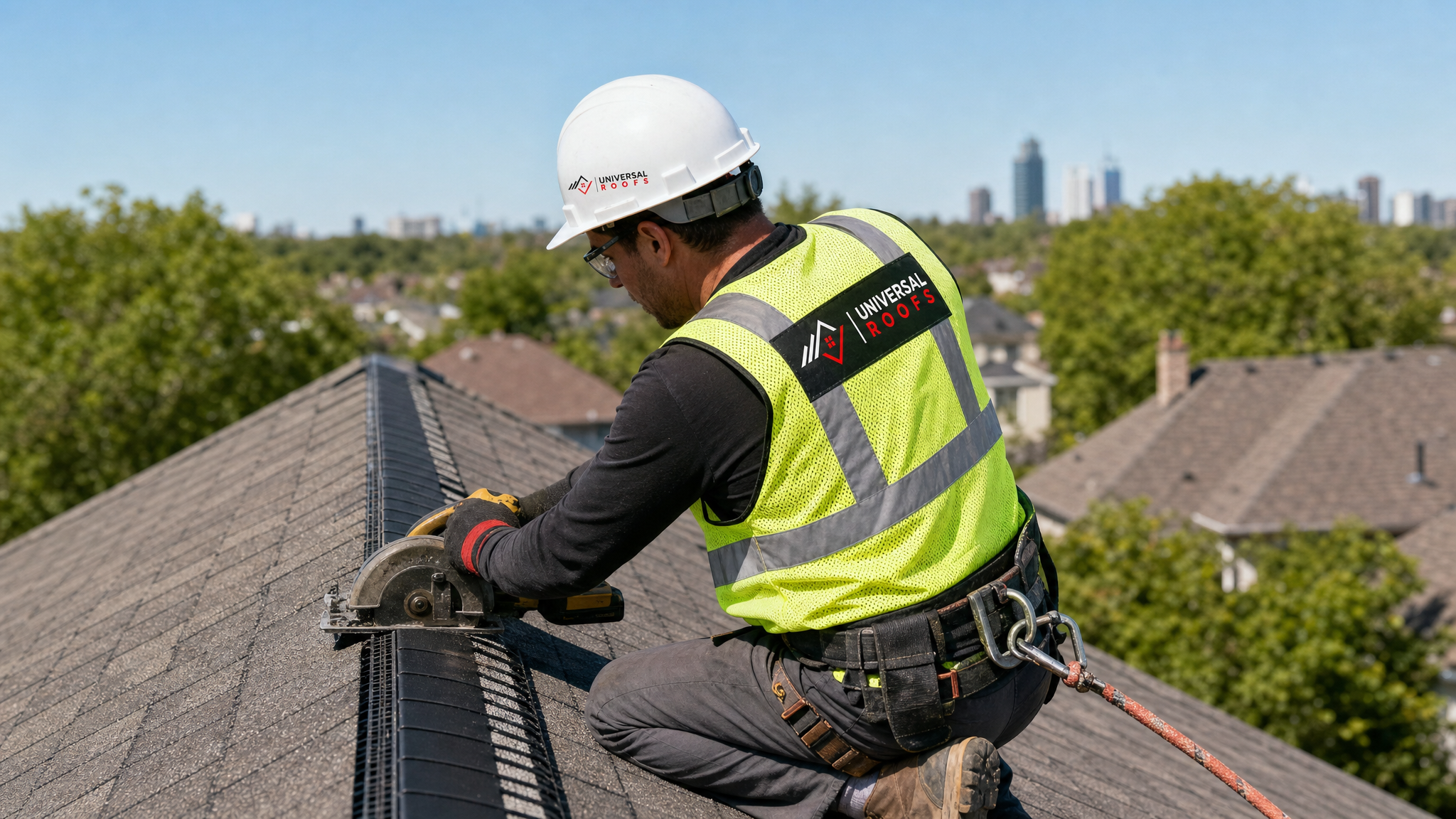A roofer wearing full safety gear and a fall-protection harness cutting a ridge vent slot along the peak of a Toronto home