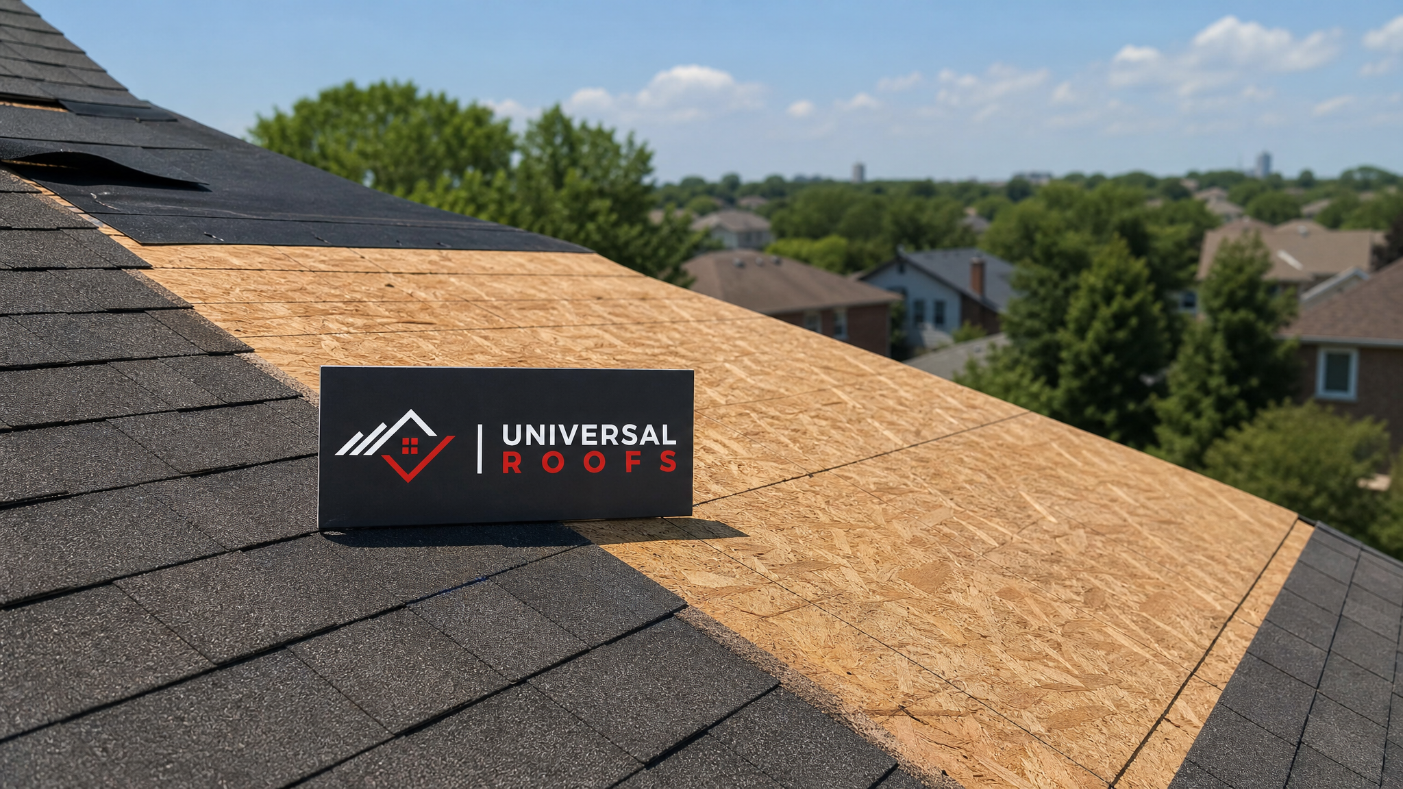 Freshly repaired roof deck with new plywood sheathing sections installed on a Toronto home under summer daylight