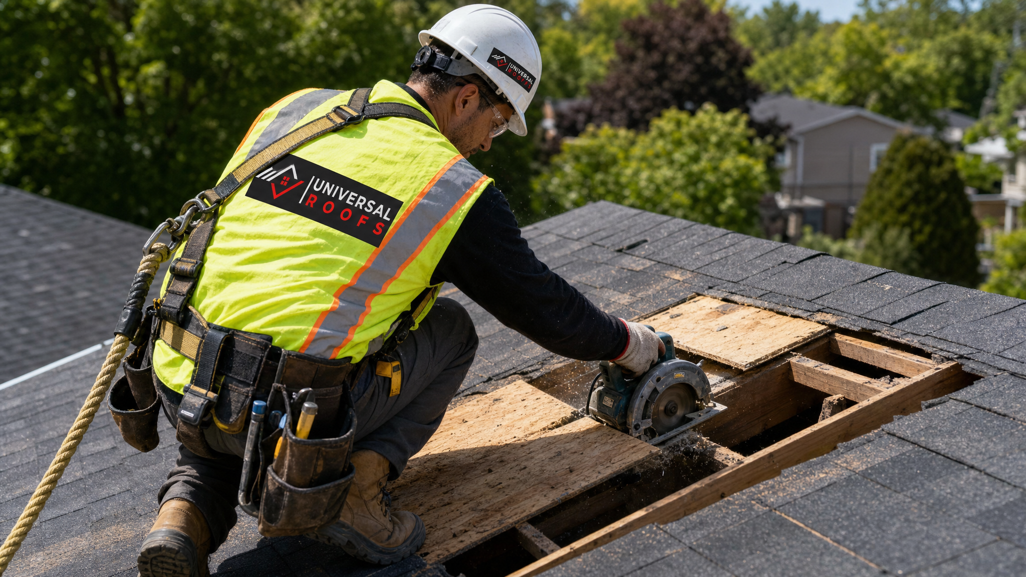 Roofer wearing full safety harness cutting out damaged roof decking with a circular saw on a Toronto rooftop