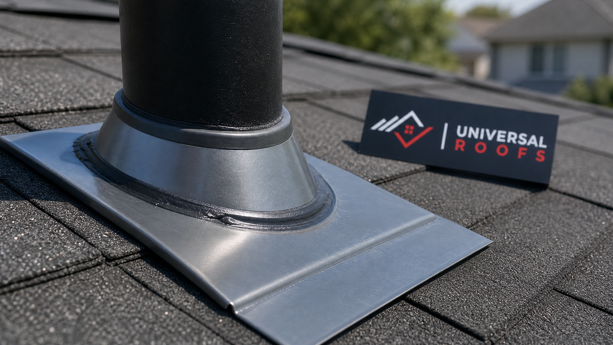 Close-up of newly installed roof flashing and sealant around a vent pipe penetration showing proper leak-proofing technique