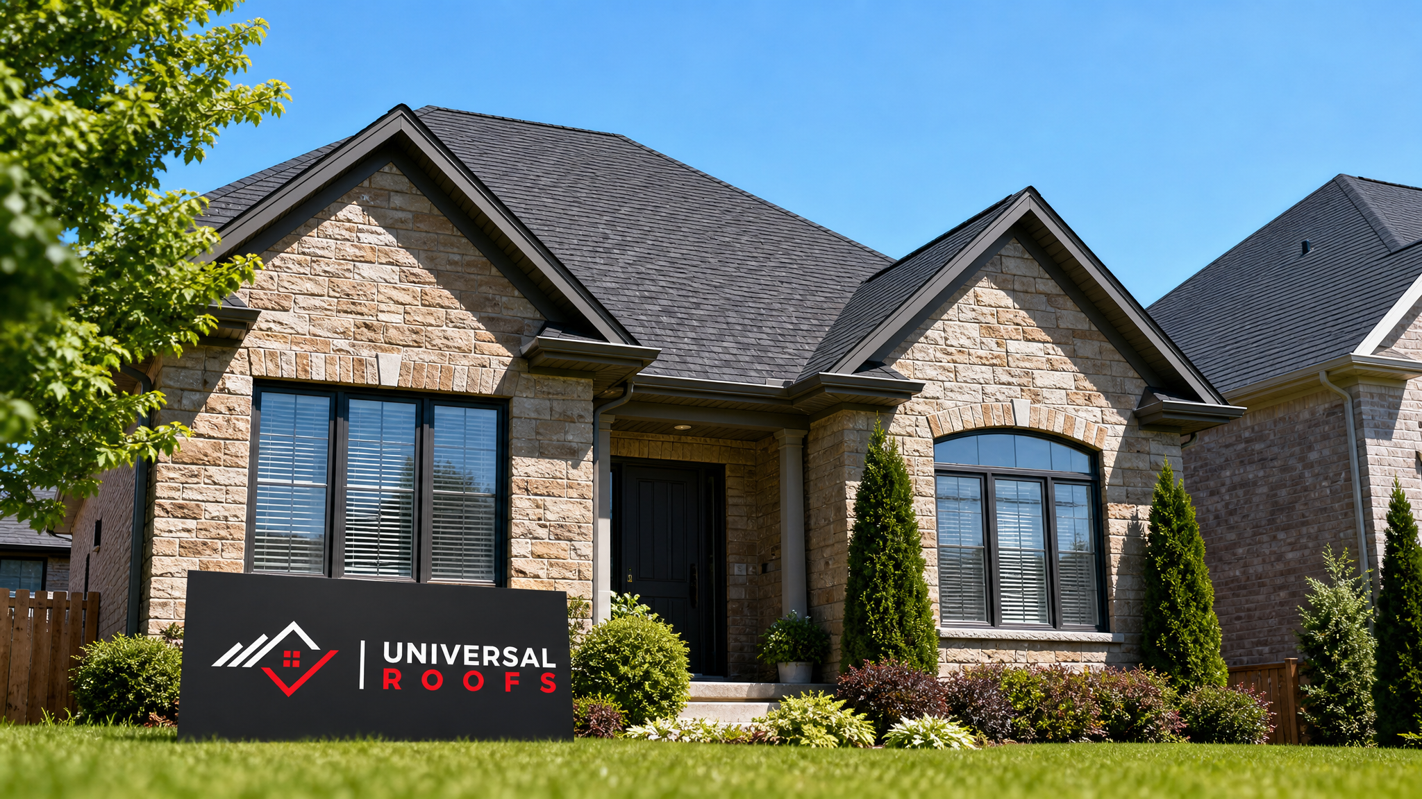 Newly repaired asphalt shingle roof on a Toronto home under clear summer skies with no visible leak damage