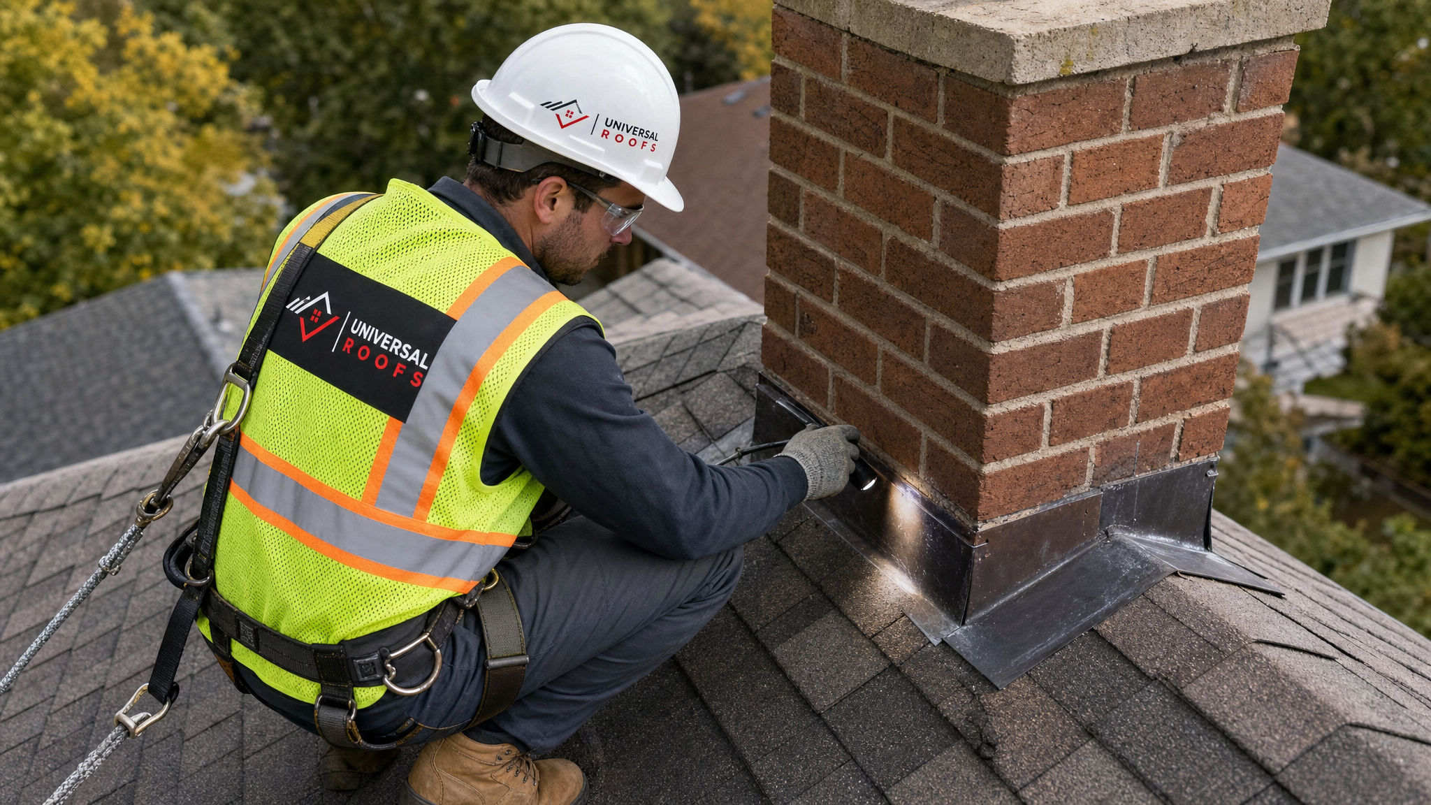 Roofer wearing full safety harness and PPE using a flashlight to inspect roof flashing for leak signs on a Toronto home