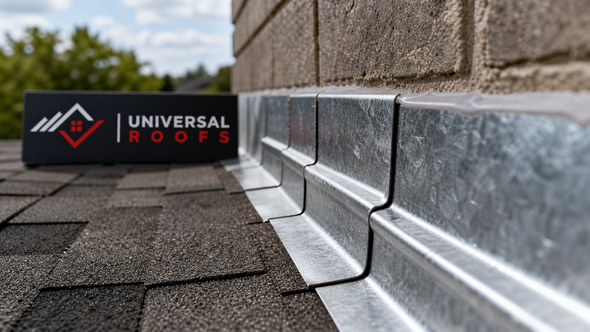 Close-up of overlapping step flashing pieces and sealant bead along a roof-to-wall junction