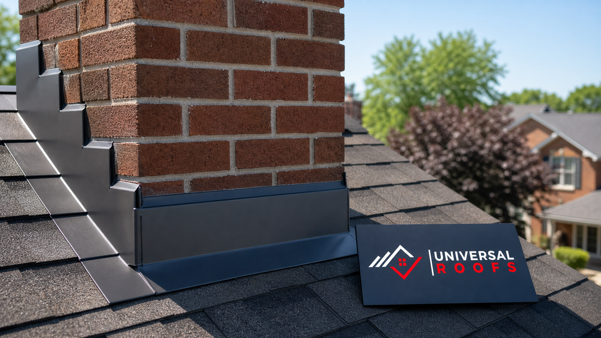 Freshly repaired roof flashing around a brick chimney on a Toronto home under clear summer sky