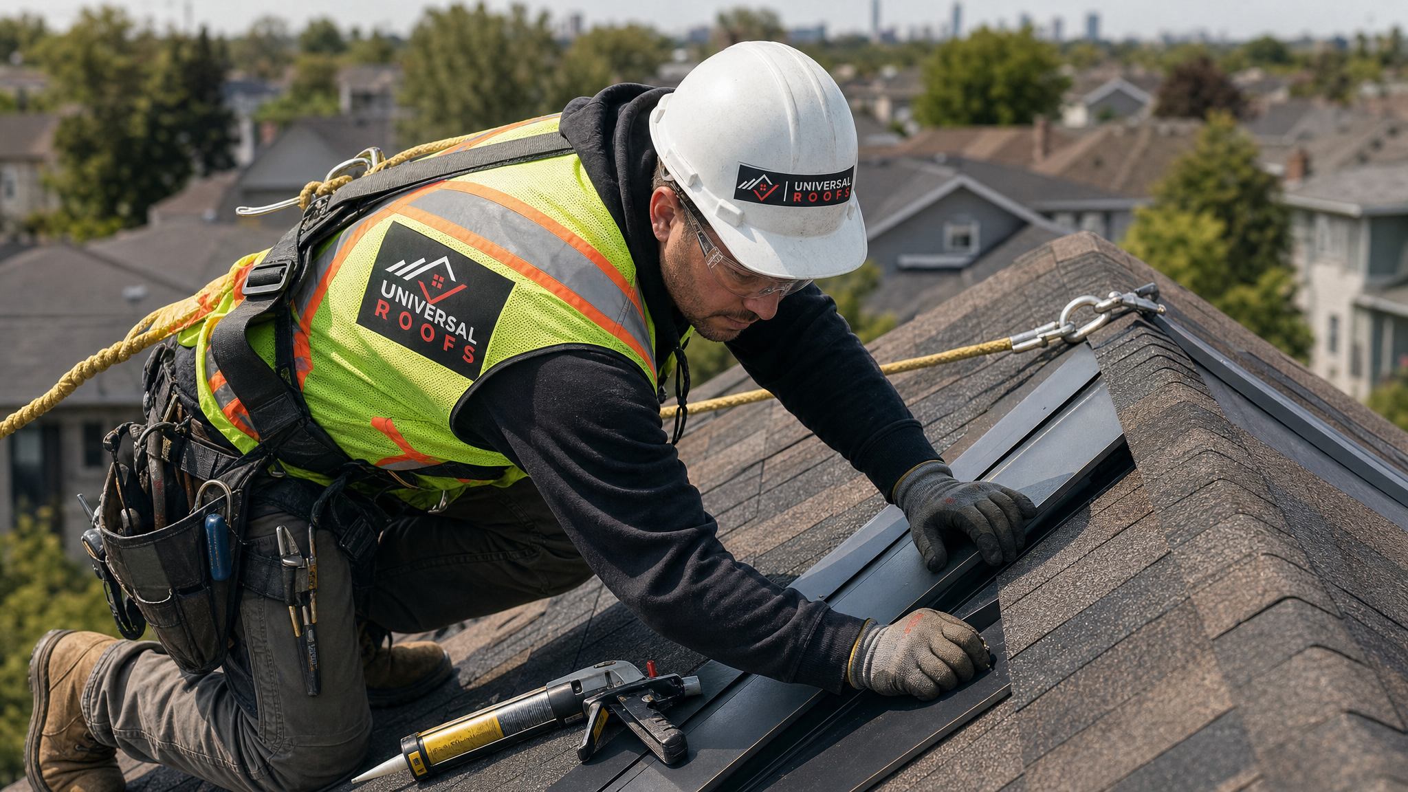 Roofer wearing full safety gear installing new flashing along a roof valley in Toronto