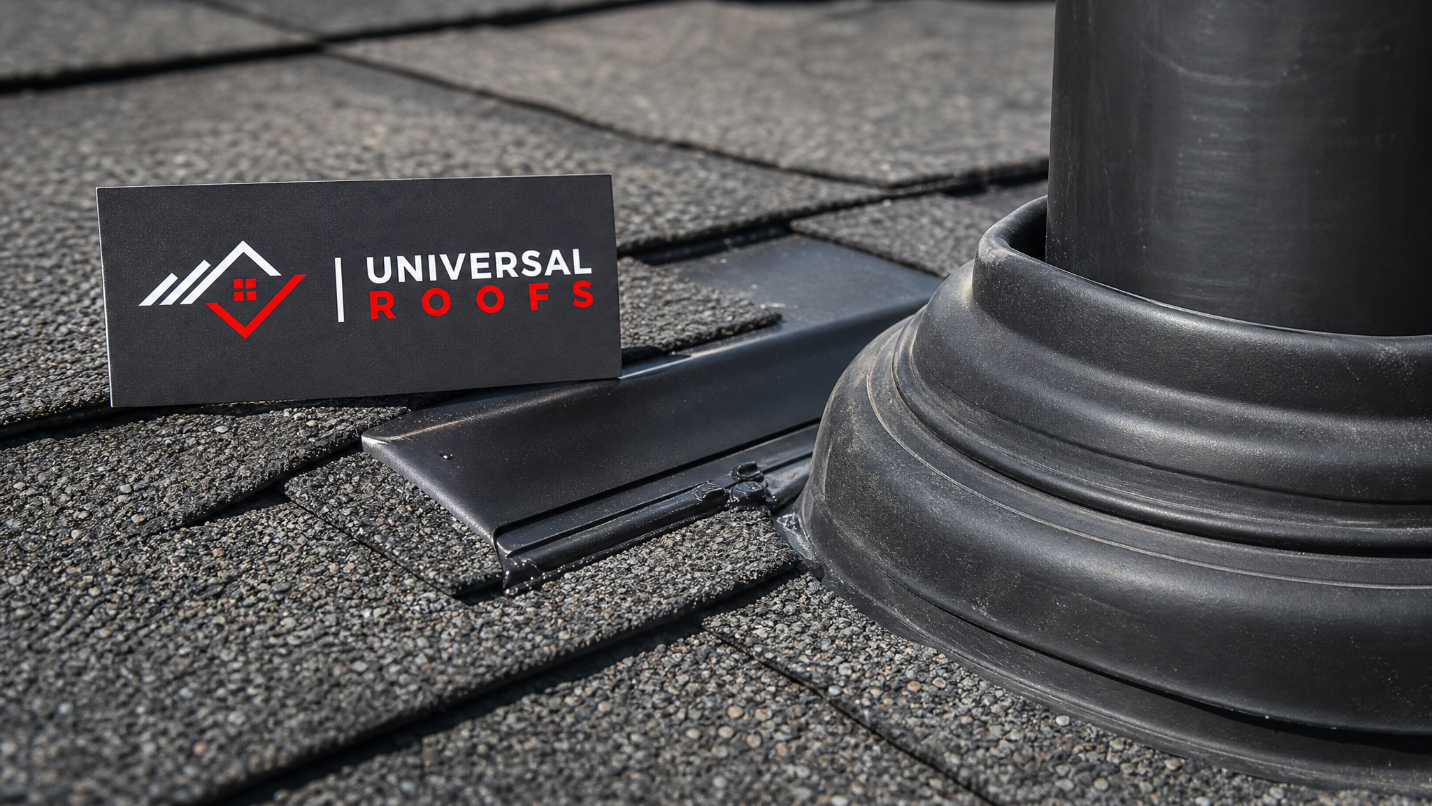 Close-up detail of asphalt shingle granules, flashing seams, and a roof vent boot being examined during an inspection, with a Universal Roofs branded sign placard visible nearby