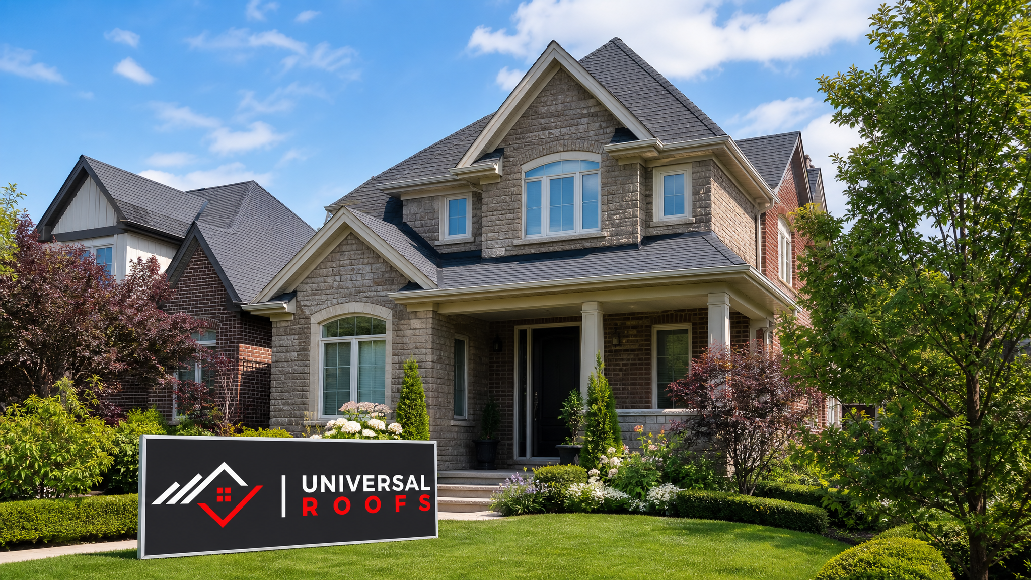 A well-maintained Toronto-area home with a clean, healthy asphalt shingle roof under summer daylight, with a Universal Roofs branded sign placard resting on the lawn