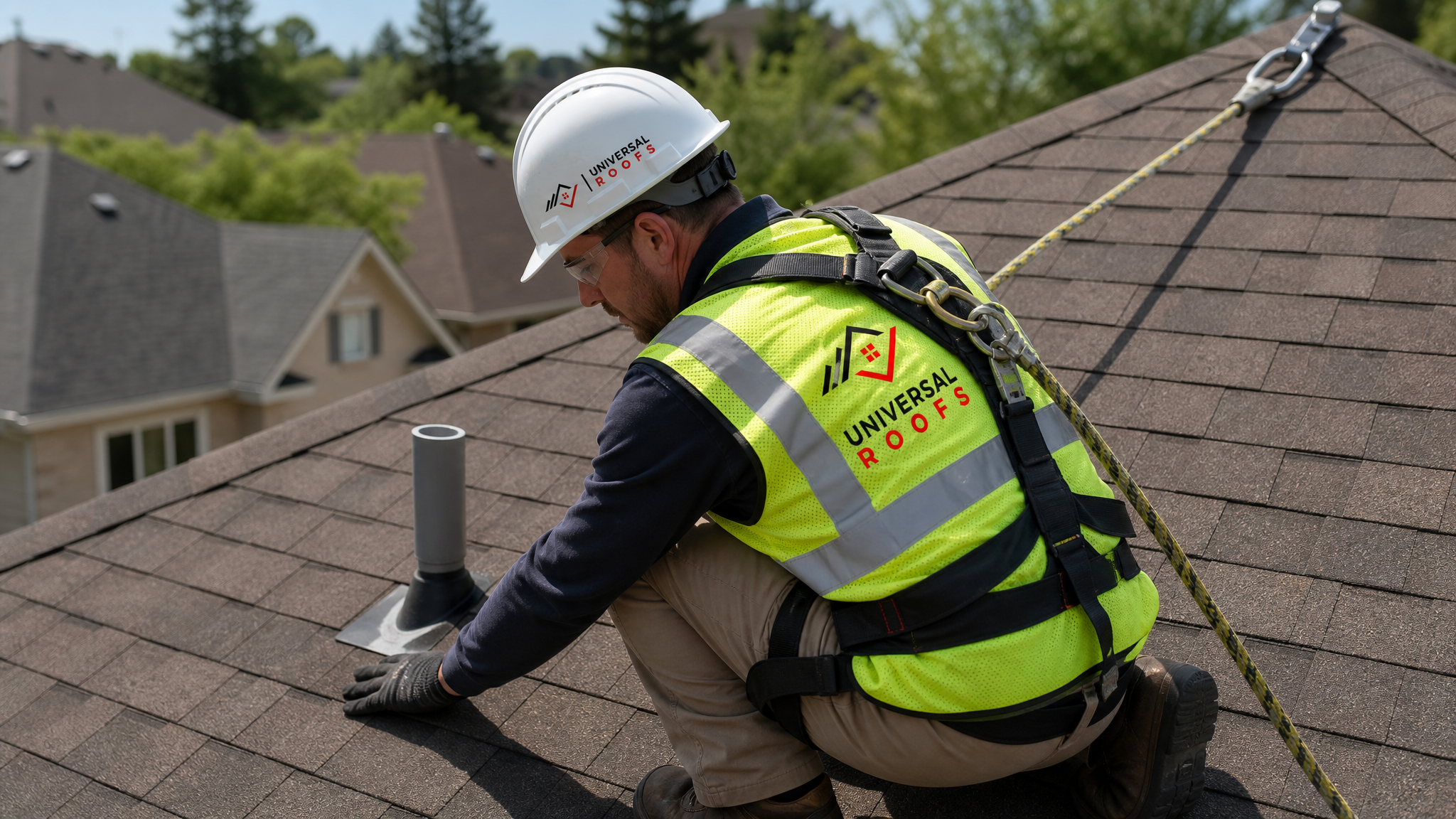 A roofing technician wearing a hard hat, high-visibility vest, safety glasses, gloves, and a fall-protection harness with safety rope, inspecting asphalt shingles closely on a sloped residential roof in daylight