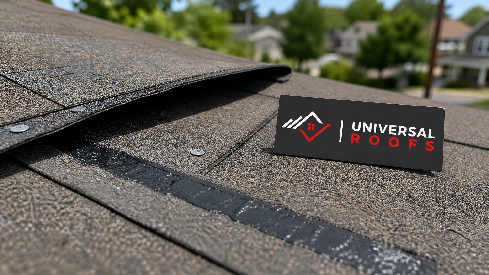 Close-up of an asphalt shingle corner showing the adhesive sealant strip and proper nailing pattern used to resist wind uplift